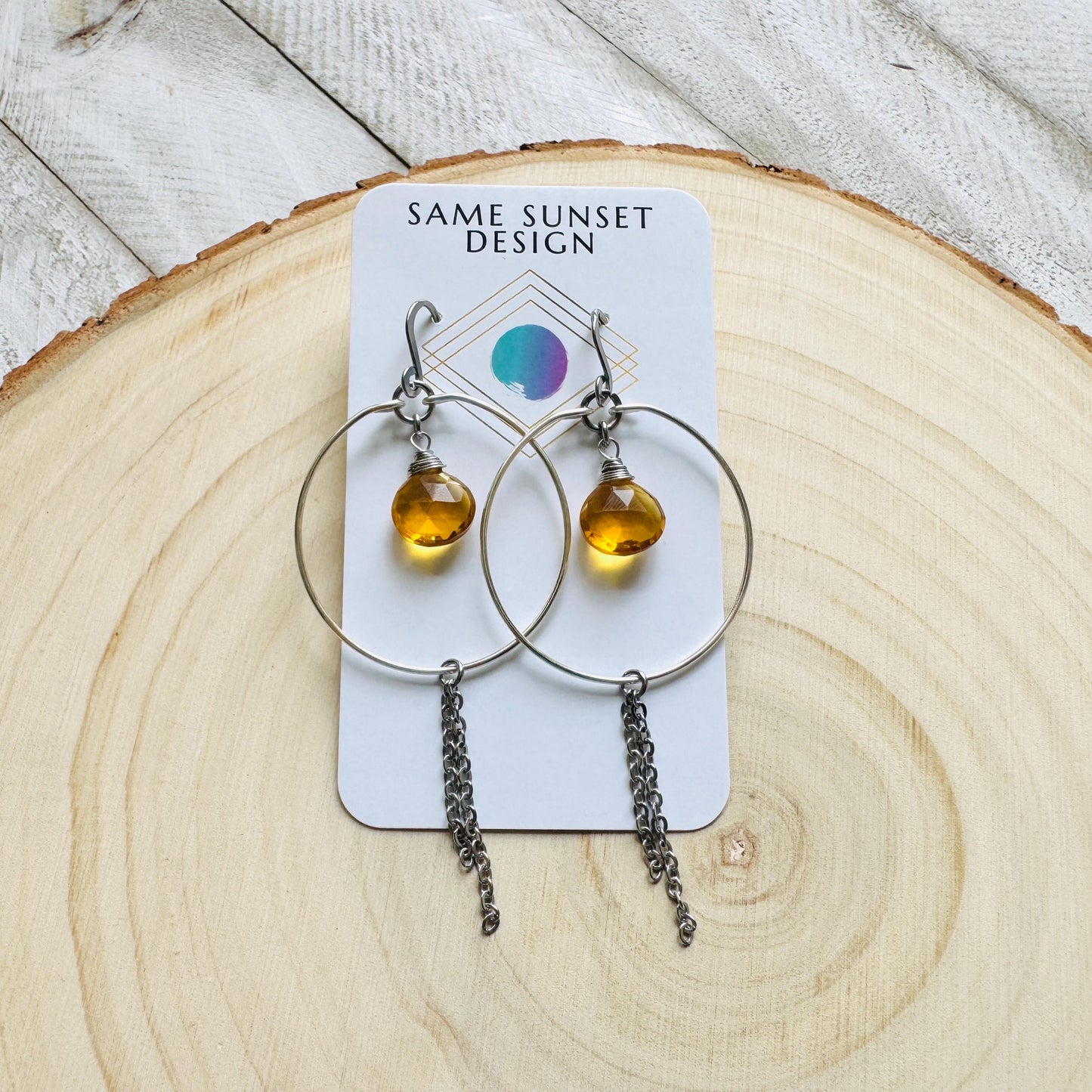 Citrine Earrings, Hoop Earrings Silver, Stainless Steel Earrings, Geometric Jewelry, Minimalistic Witchy Jewelry, Christmas Gifts for Aunt