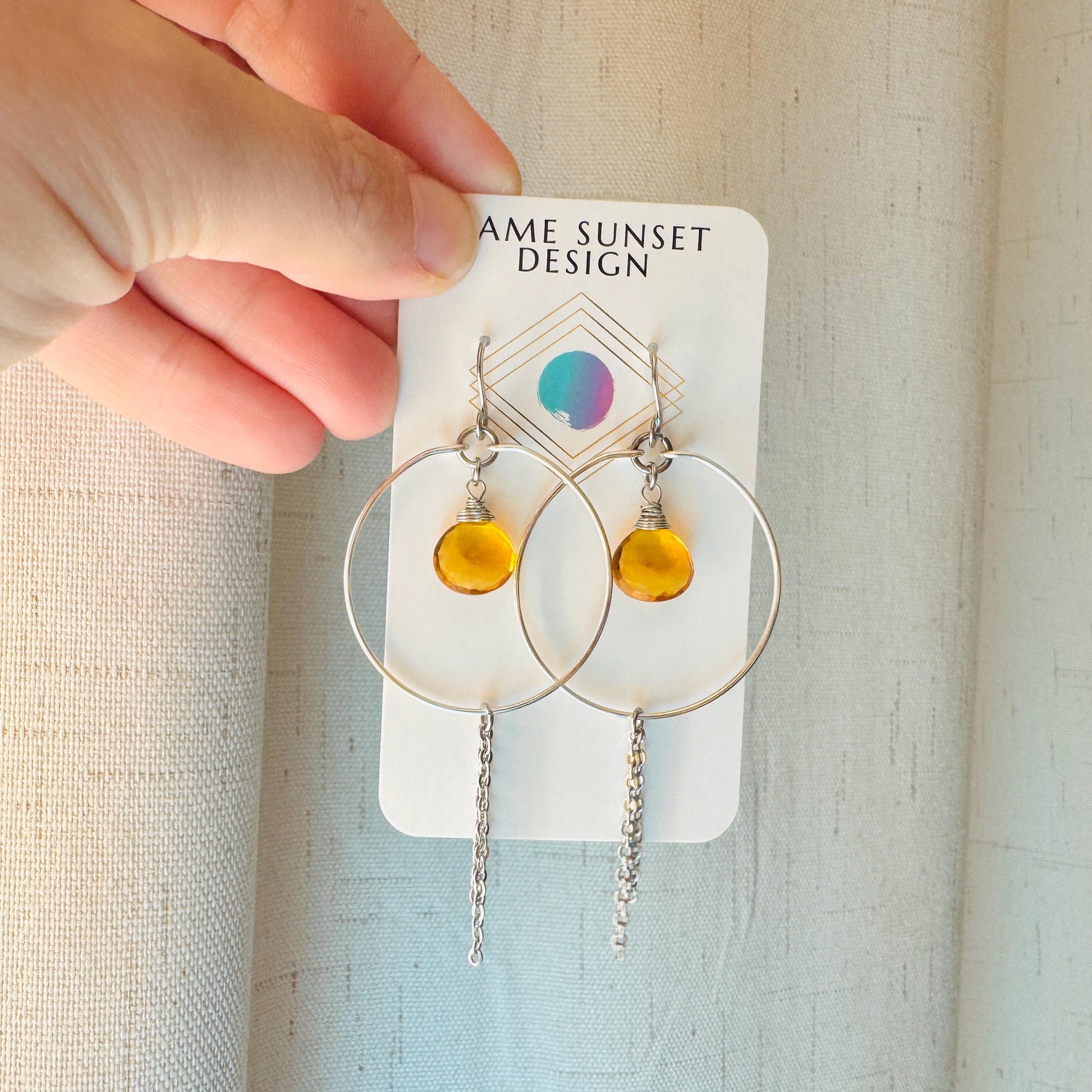 Citrine Earrings, Hoop Earrings Silver, Stainless Steel Earrings, Geometric Jewelry, Minimalistic Witchy Jewelry, Christmas Gifts for Aunt