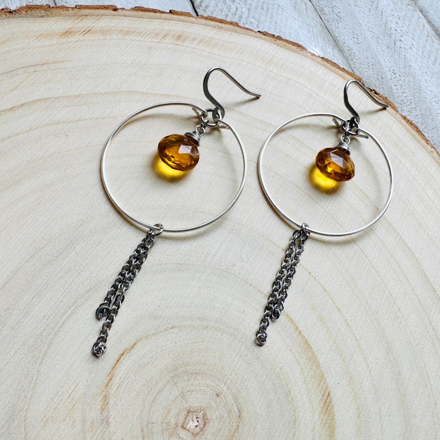 Citrine Earrings, Hoop Earrings Silver, Stainless Steel Earrings, Geometric Jewelry, Minimalistic Witchy Jewelry, Christmas Gifts for Aunt