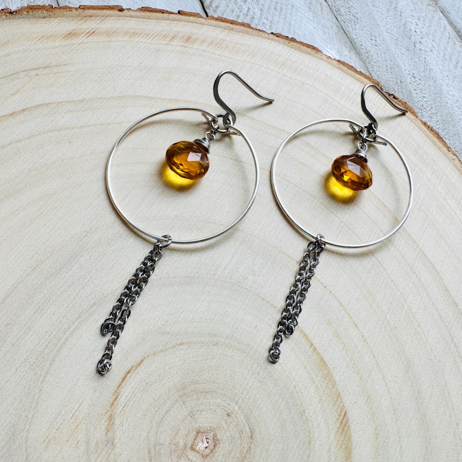 Citrine Earrings, Hoop Earrings Silver, Stainless Steel Earrings, Geometric Jewelry, Minimalistic Witchy Jewelry, Christmas Gifts for Aunt
