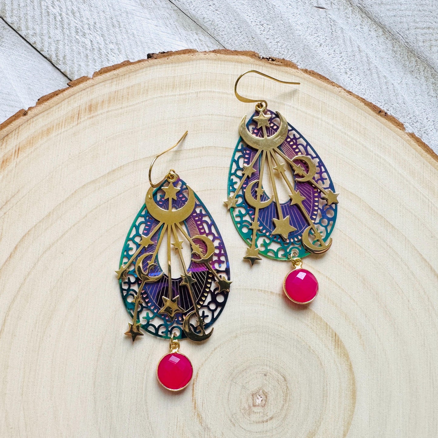Pink Chalcedony Earrings, Celestial Earrings Gold, Moon Earrings Dangle, Fairycore Jewelry Gold, Whimsical Gifts, Xmas Gifts for Coworkers