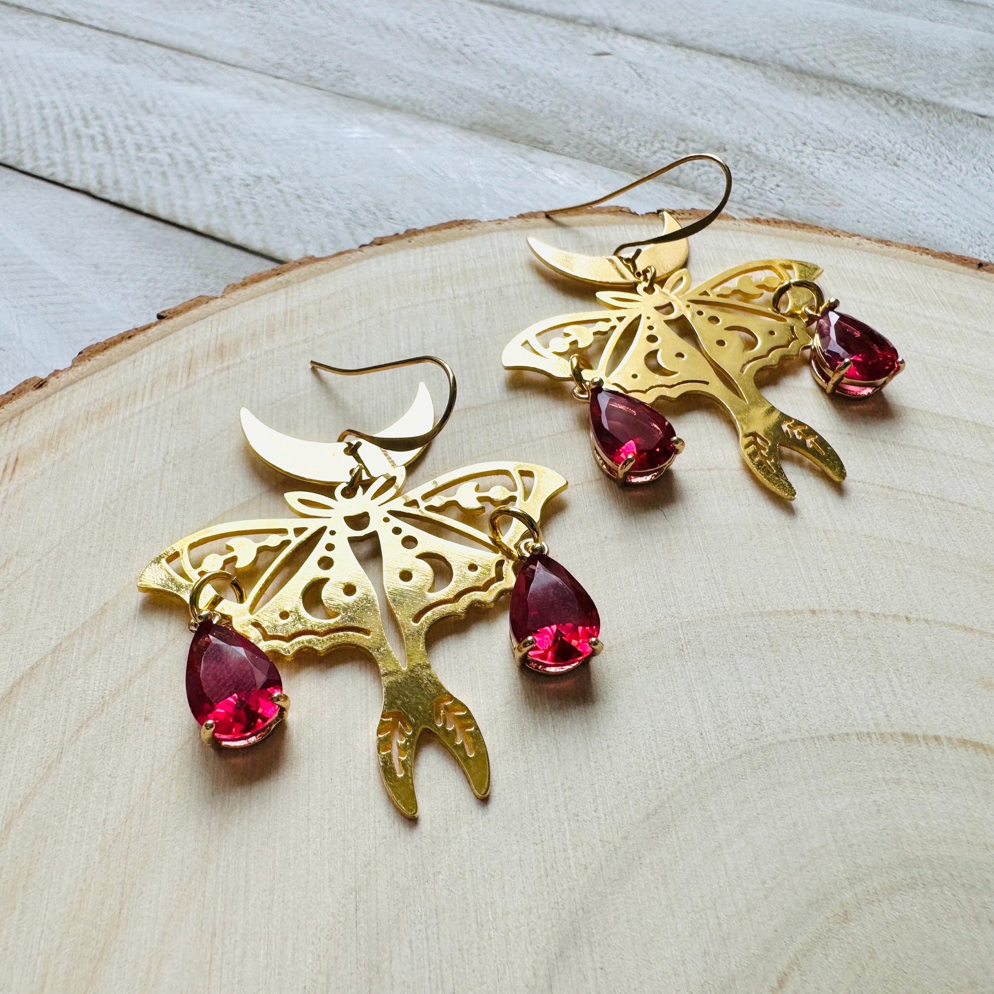 Moth Earrings, Witchy Earrings, Red Earrings, Celestial Earrings Gold, Fun Earrings, Fairycore Jewelry Gold, Christmas Gifts for Aunt
