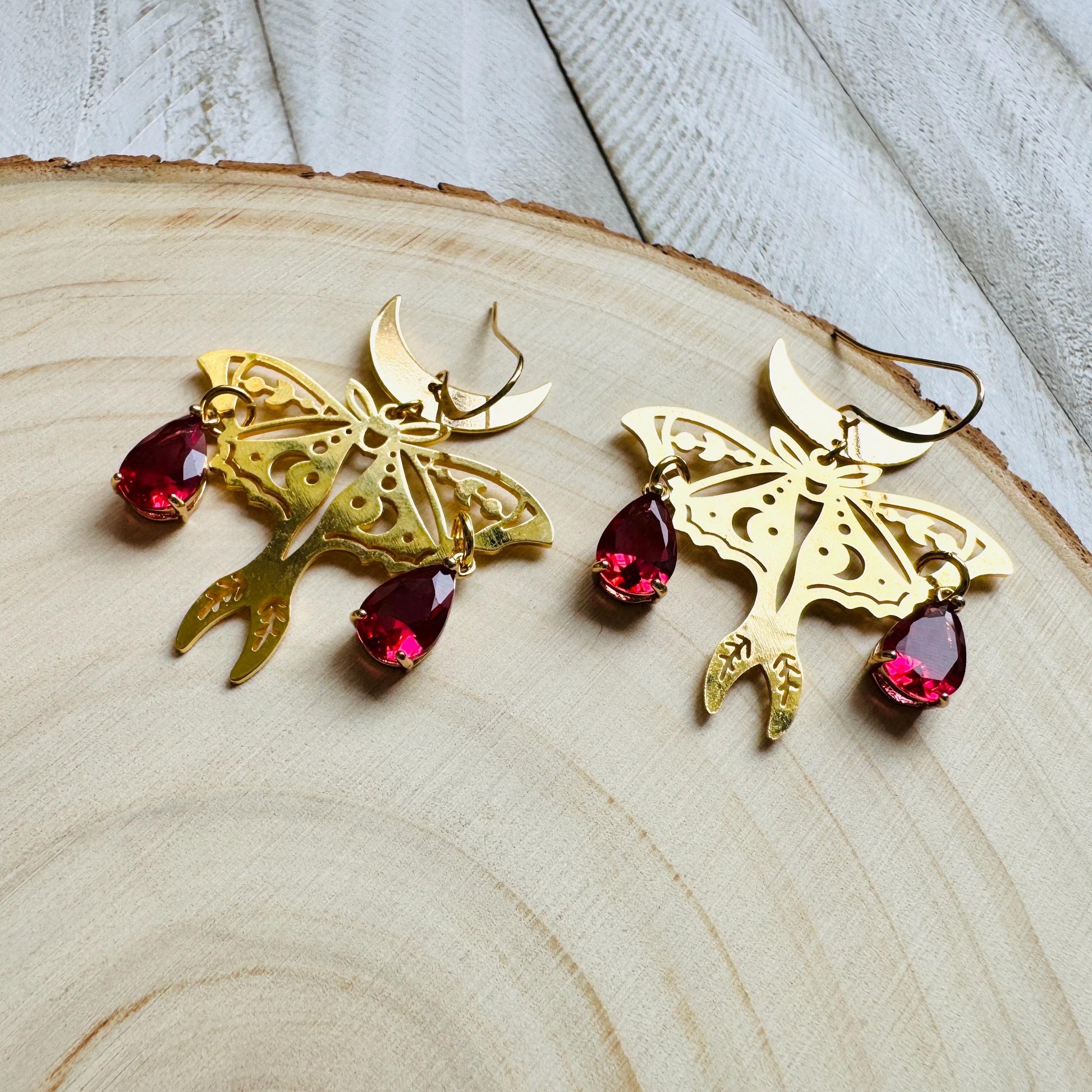 Moth Earrings, Witchy Earrings, Red Earrings, Celestial Earrings Gold, Fun Earrings, Fairycore Jewelry Gold, Christmas Gifts for Aunt