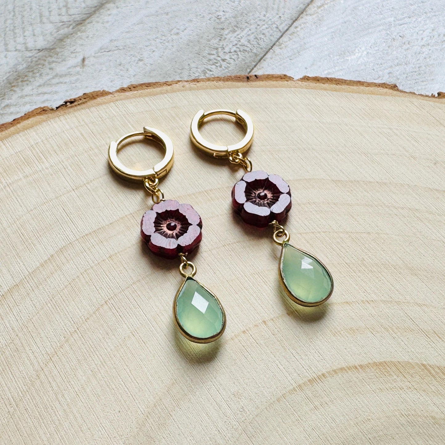 Glass Flower Earrings, Aqua Chalcedony Earrings, Huggie Hoops, Cottagecore Jewelry, Best Christmas Gifts for Women, Plant Mom Gift, Boho