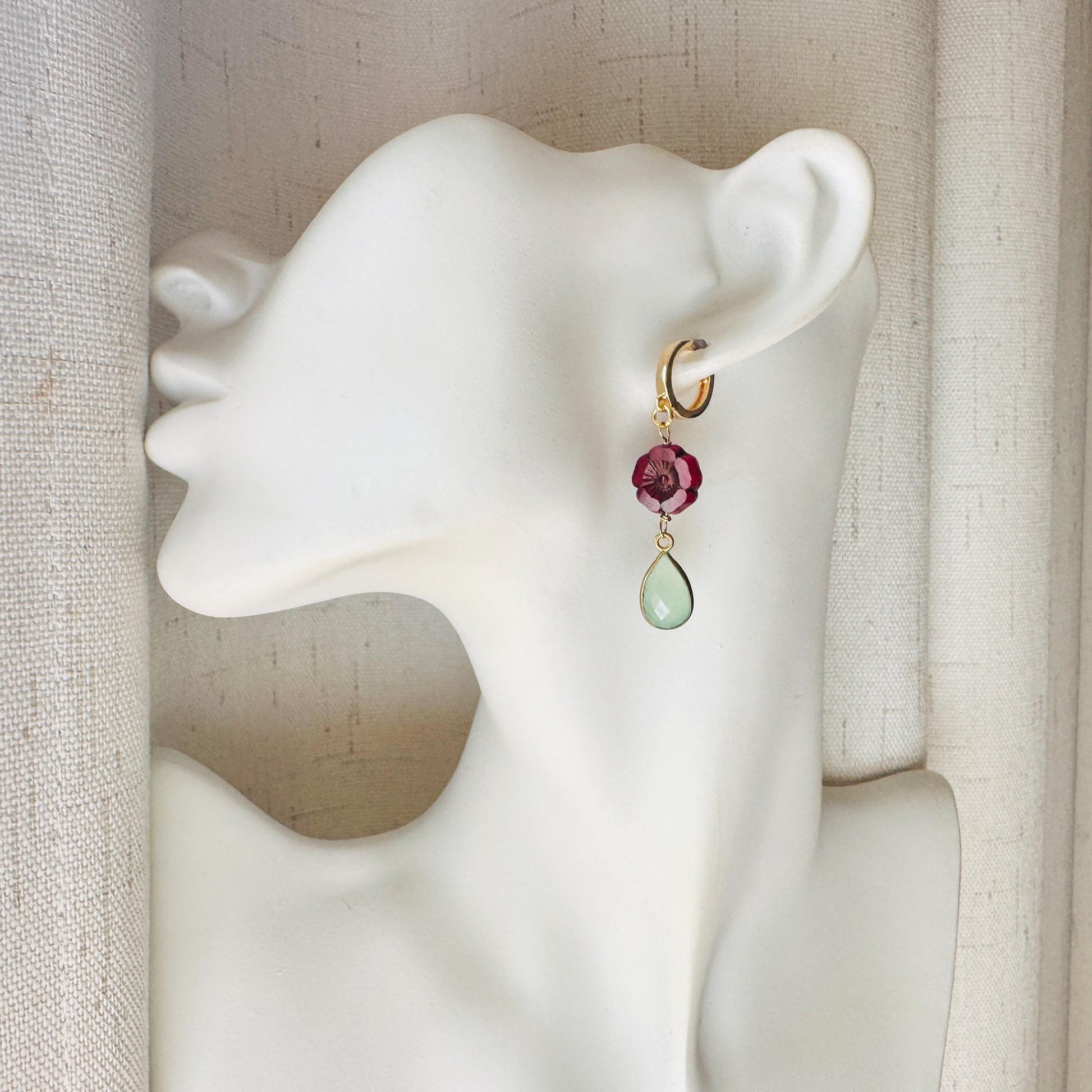 Glass Flower Earrings, Aqua Chalcedony Earrings, Huggie Hoops, Cottagecore Jewelry, Best Christmas Gifts for Women, Plant Mom Gift, Boho