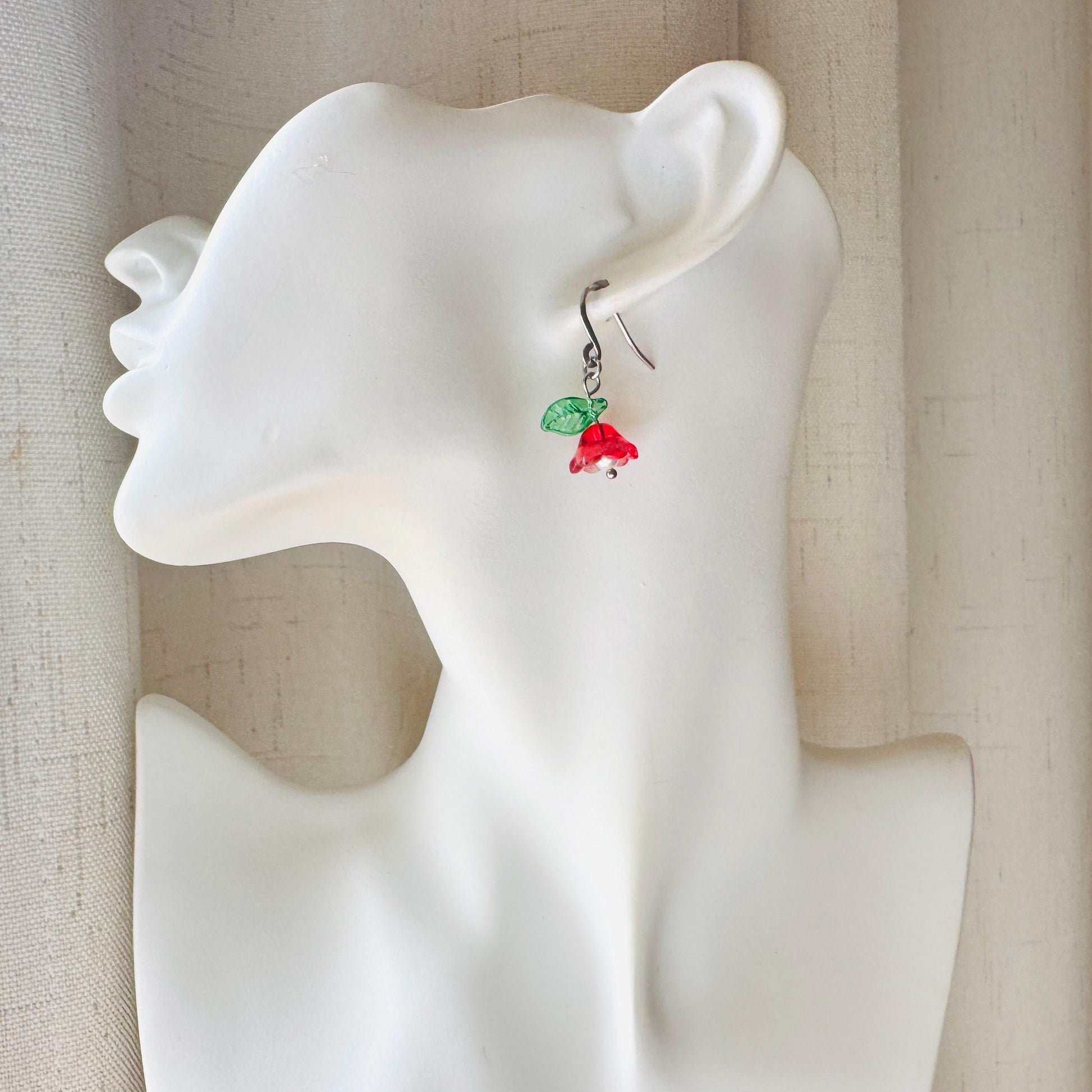 Glass Flower Earrings, Silver Earrings, Pearl Earrings Dangle, Goth Earrings, Bridesmaid Jewelry, Plant Mom Gift, Christmas Gifts for Aunt