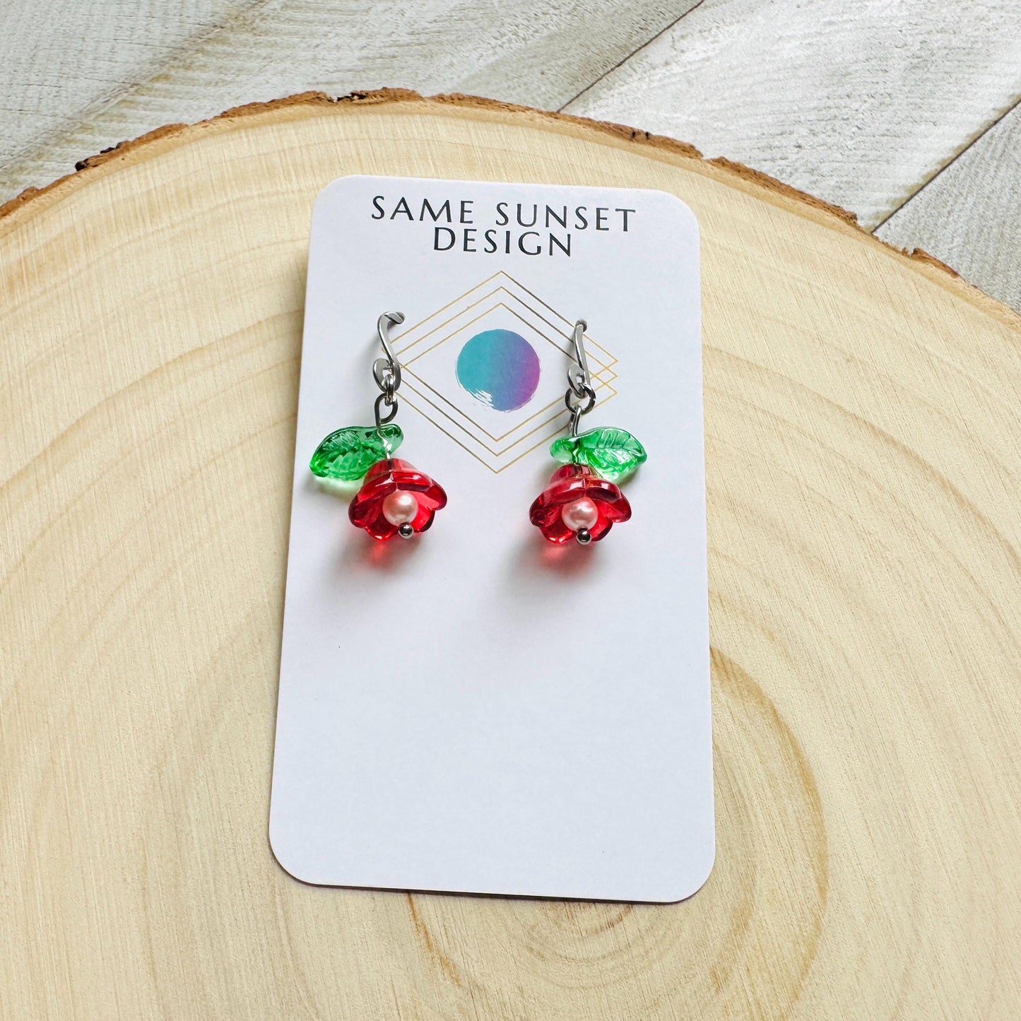 Glass Flower Earrings, Silver Earrings, Pearl Earrings Dangle, Goth Earrings, Bridesmaid Jewelry, Plant Mom Gift, Christmas Gifts for Aunt