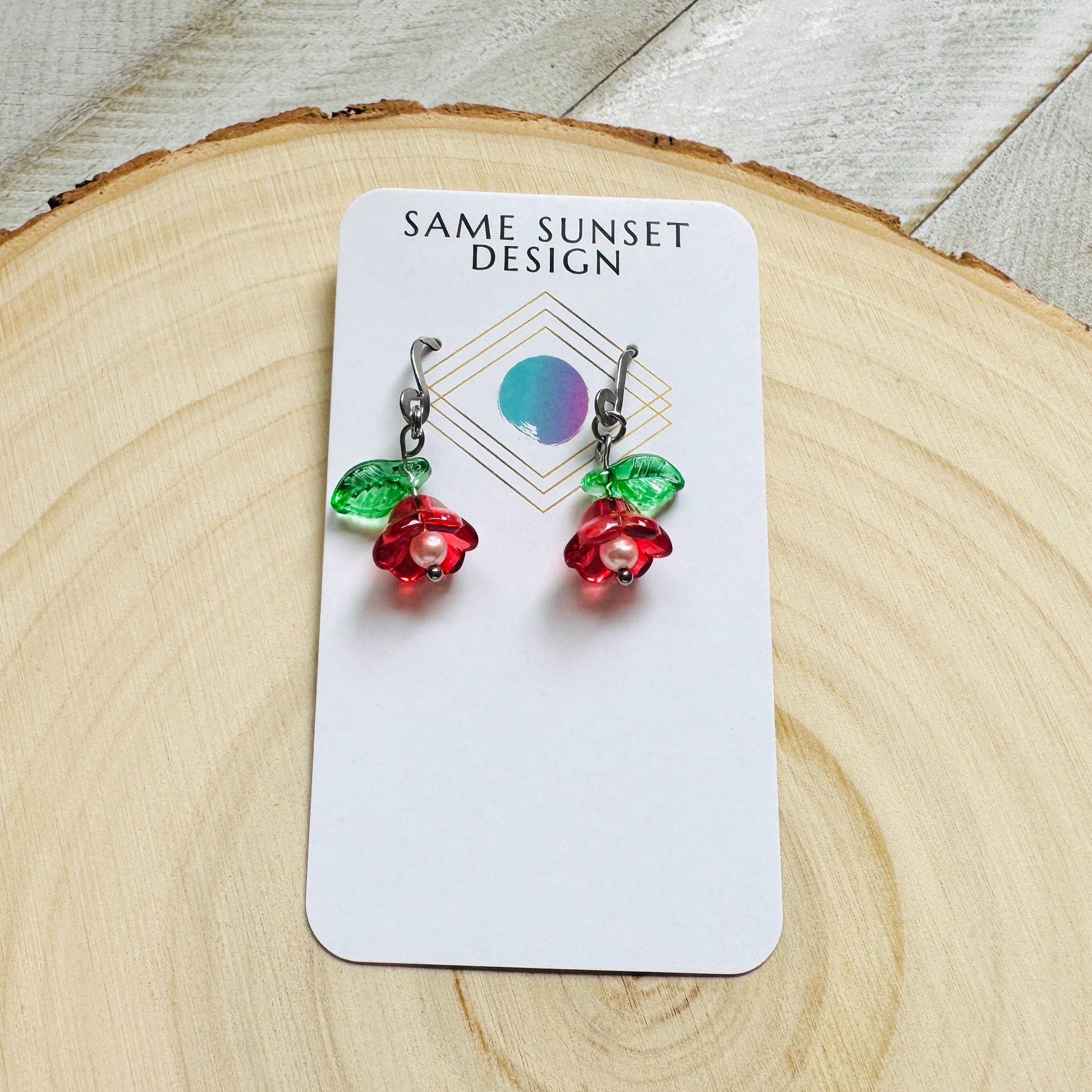 Glass Flower Earrings, Silver Earrings, Pearl Earrings Dangle, Goth Earrings, Bridesmaid Jewelry, Plant Mom Gift, Christmas Gifts for Aunt
