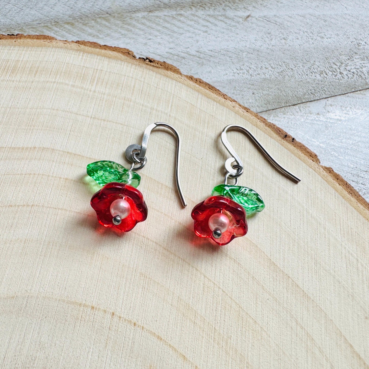 Glass Flower Earrings, Silver Earrings, Pearl Earrings Dangle, Goth Earrings, Bridesmaid Jewelry, Plant Mom Gift, Christmas Gifts for Aunt