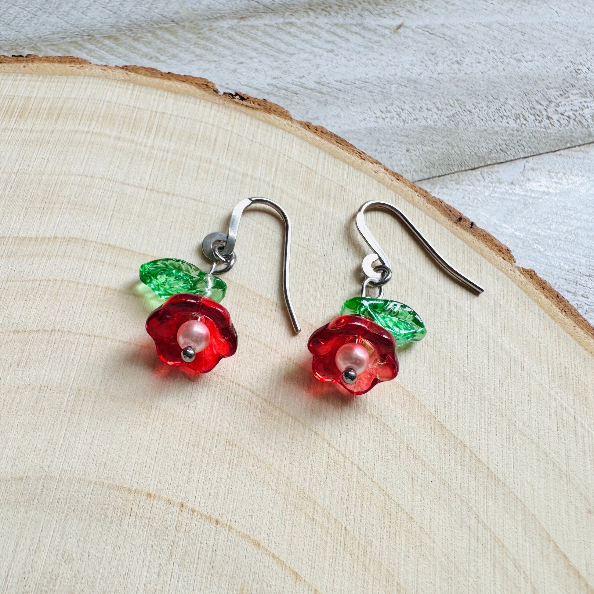 Glass Flower Earrings, Silver Earrings, Pearl Earrings Dangle, Goth Earrings, Bridesmaid Jewelry, Plant Mom Gift, Christmas Gifts for Aunt
