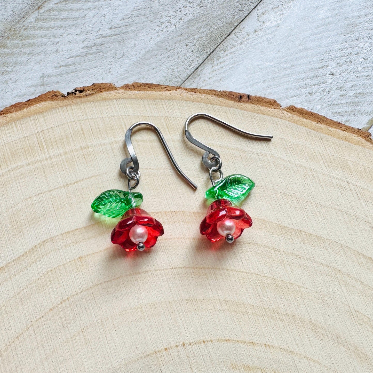 Glass Flower Earrings, Silver Earrings, Pearl Earrings Dangle, Goth Earrings, Bridesmaid Jewelry, Plant Mom Gift, Christmas Gifts for Aunt