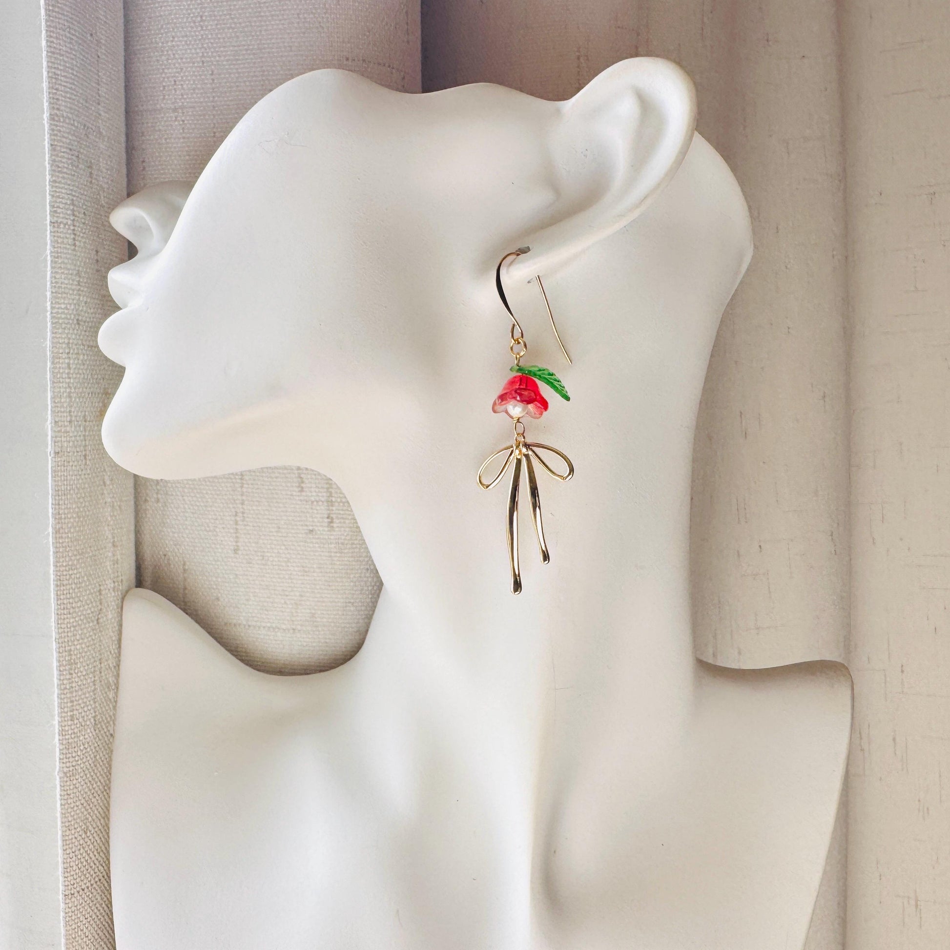 Glass Flower Earrings, Bow Earrings, Pearl Earrings Dangle, Dainty Earrings, Bridesmaid Jewelry, Plant Mom Gift, Christmas Gifts for Aunt