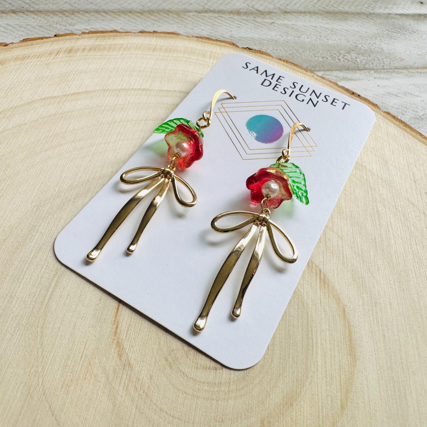Glass Flower Earrings, Bow Earrings, Pearl Earrings Dangle, Dainty Earrings, Bridesmaid Jewelry, Plant Mom Gift, Christmas Gifts for Aunt