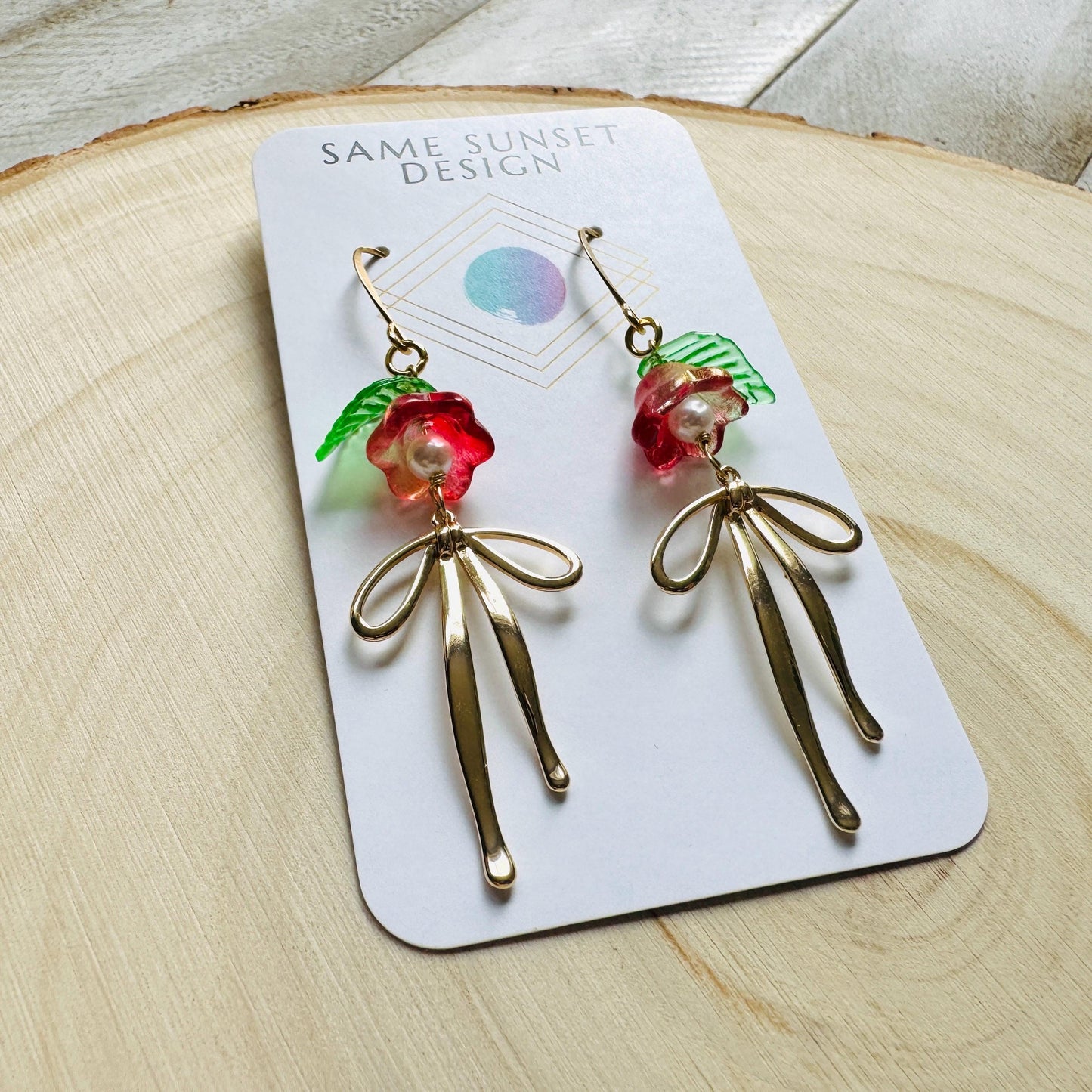 Glass Flower Earrings, Bow Earrings, Pearl Earrings Dangle, Dainty Earrings, Bridesmaid Jewelry, Plant Mom Gift, Christmas Gifts for Aunt