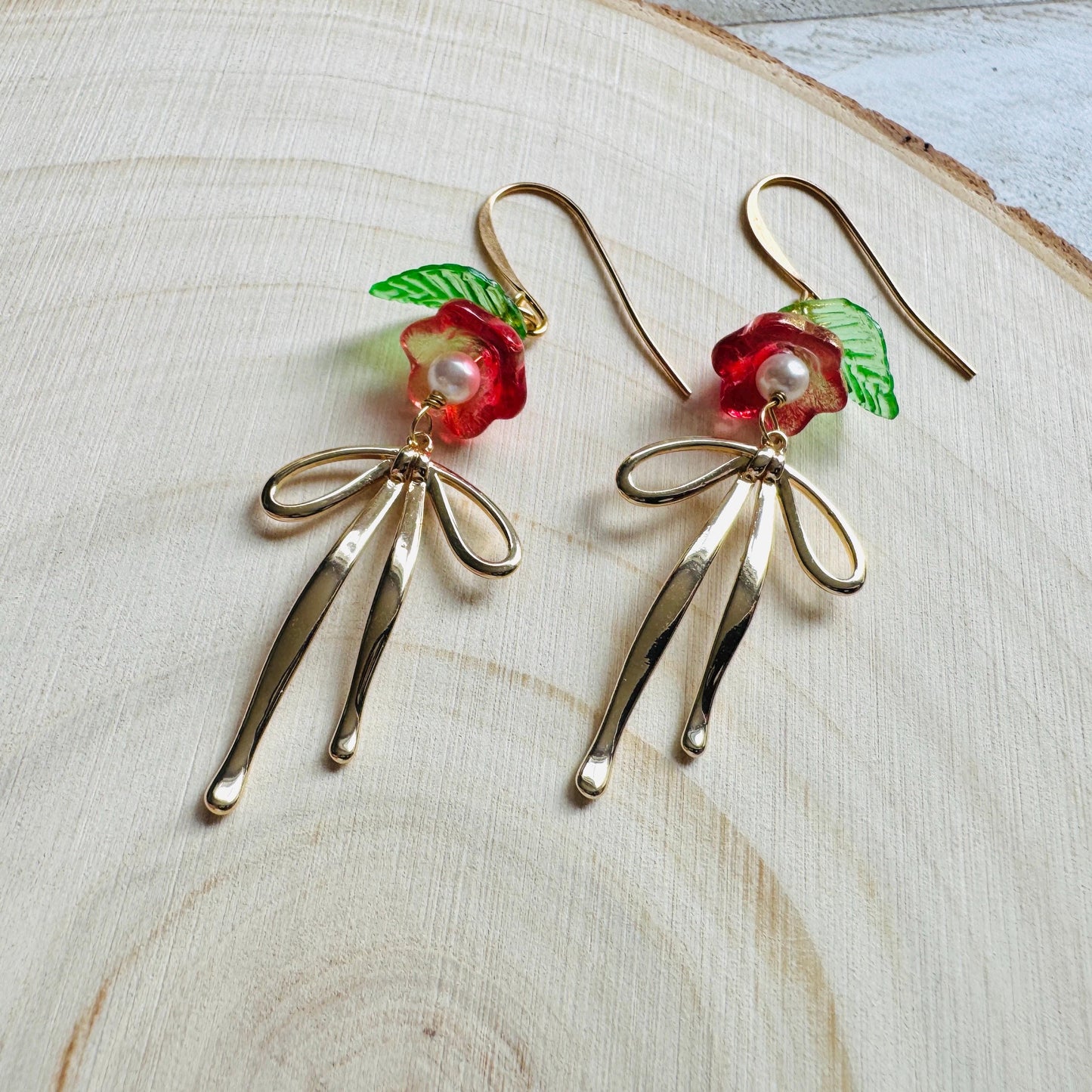 Glass Flower Earrings, Bow Earrings, Pearl Earrings Dangle, Dainty Earrings, Bridesmaid Jewelry, Plant Mom Gift, Christmas Gifts for Aunt