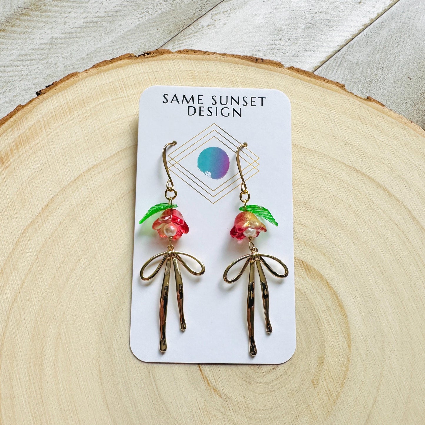 Glass Flower Earrings, Bow Earrings, Pearl Earrings Dangle, Dainty Earrings, Bridesmaid Jewelry, Plant Mom Gift, Christmas Gifts for Aunt