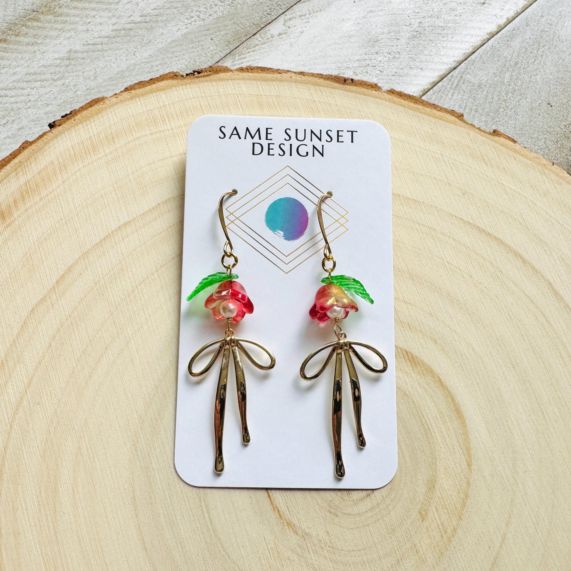 Glass Flower Earrings, Bow Earrings, Pearl Earrings Dangle, Dainty Earrings, Bridesmaid Jewelry, Plant Mom Gift, Christmas Gifts for Aunt