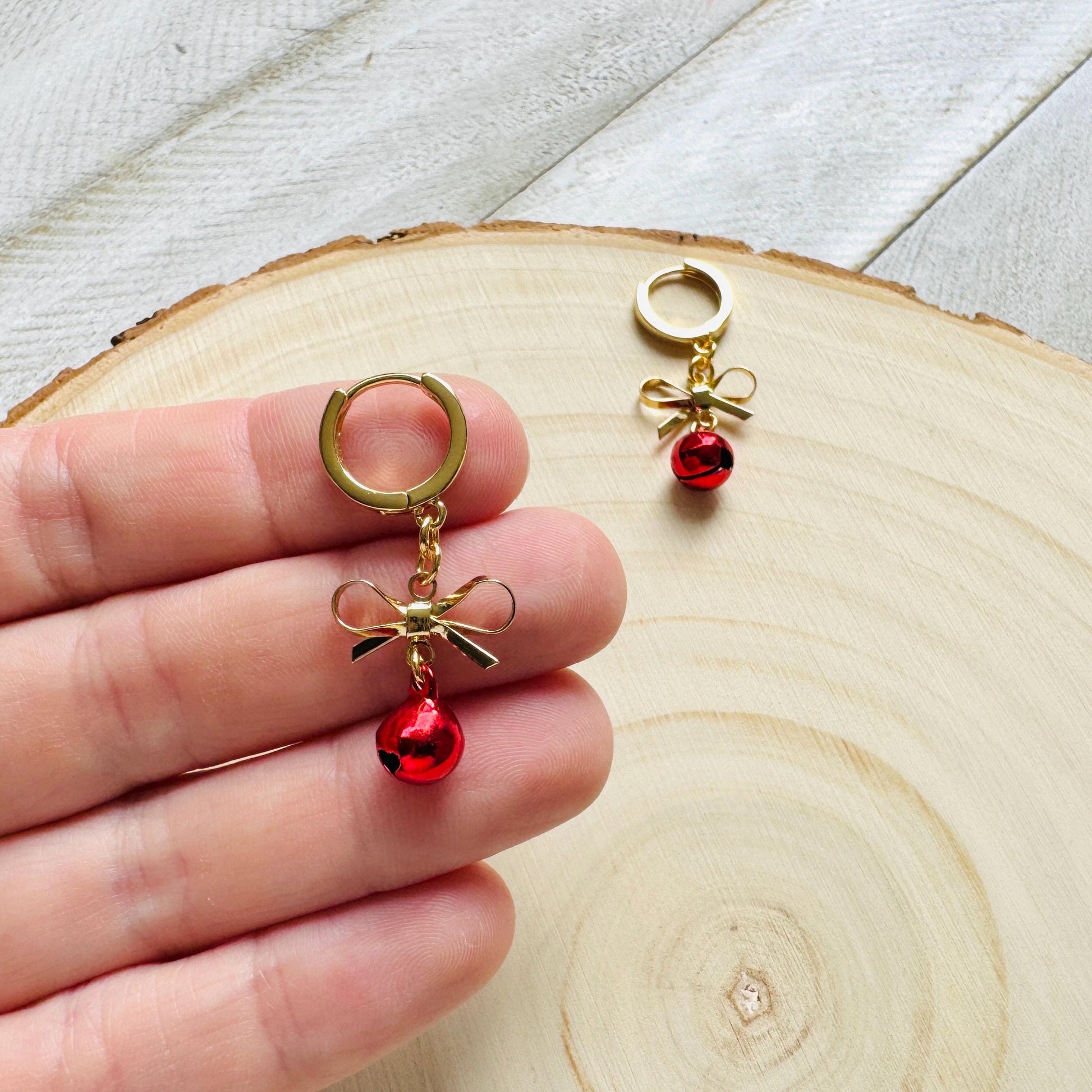 Bell Earrings, Bows, Christmas Earrings, Huggie Hoops, Holiday Earrings Dangle, Best Christmas Gifts for Women, Coquette Gifts for Girls