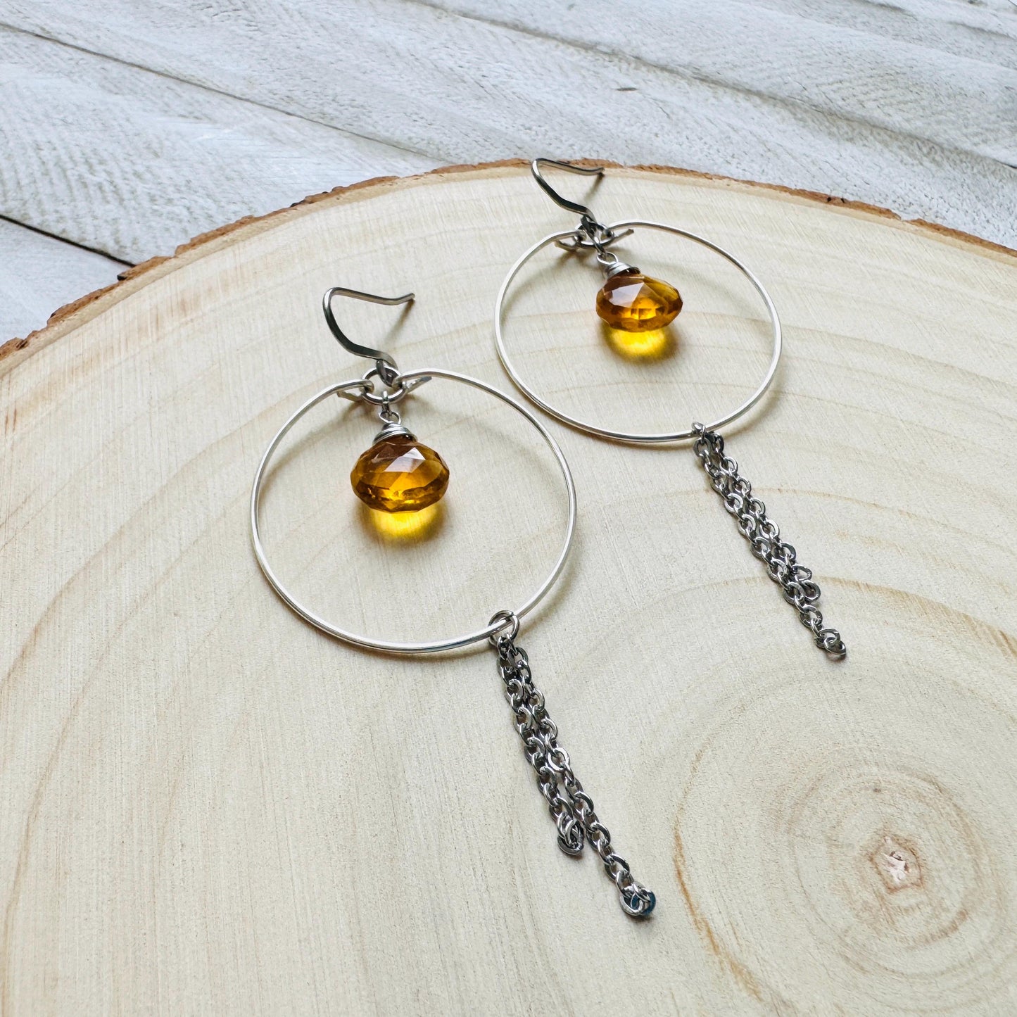Citrine Earrings, Hoop Earrings Silver, Stainless Steel Earrings, Geometric Jewelry, Minimalistic Witchy Jewelry, Christmas Gifts for Aunt