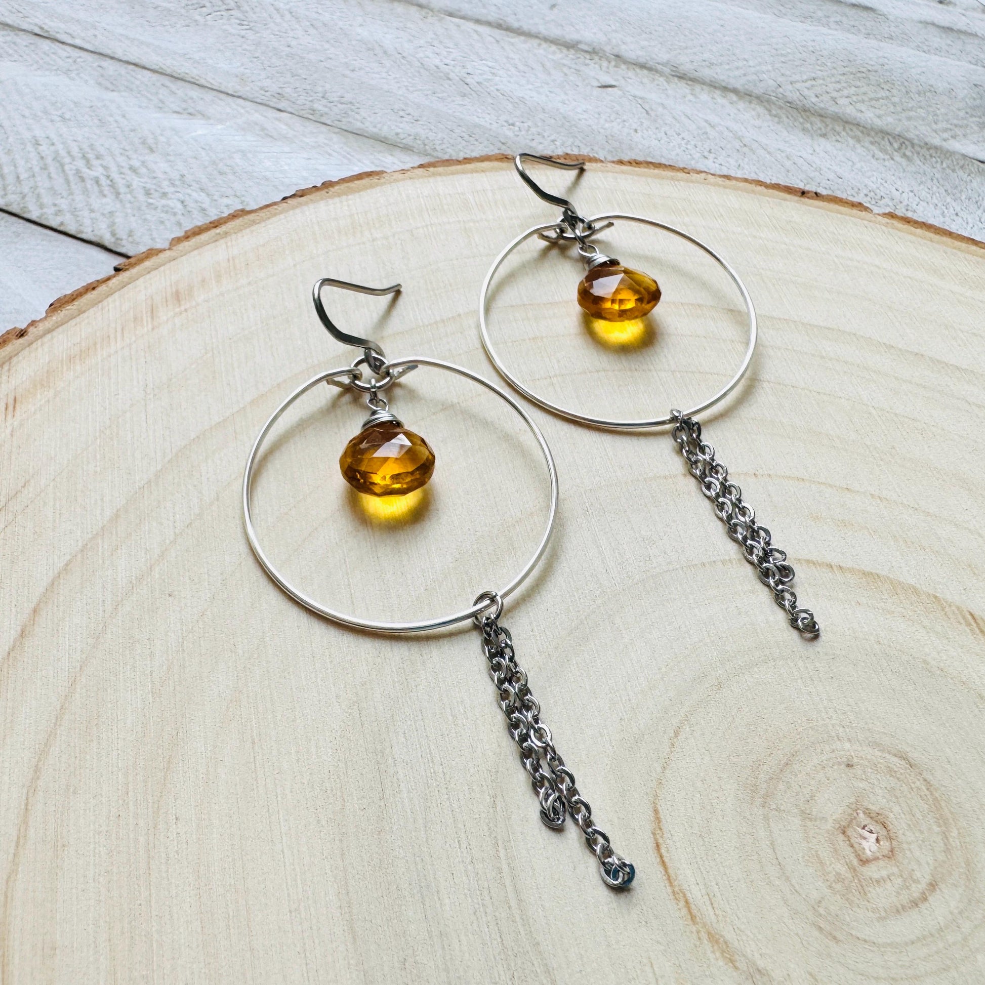 Citrine Earrings, Hoop Earrings Silver, Stainless Steel Earrings, Geometric Jewelry, Minimalistic Witchy Jewelry, Christmas Gifts for Aunt