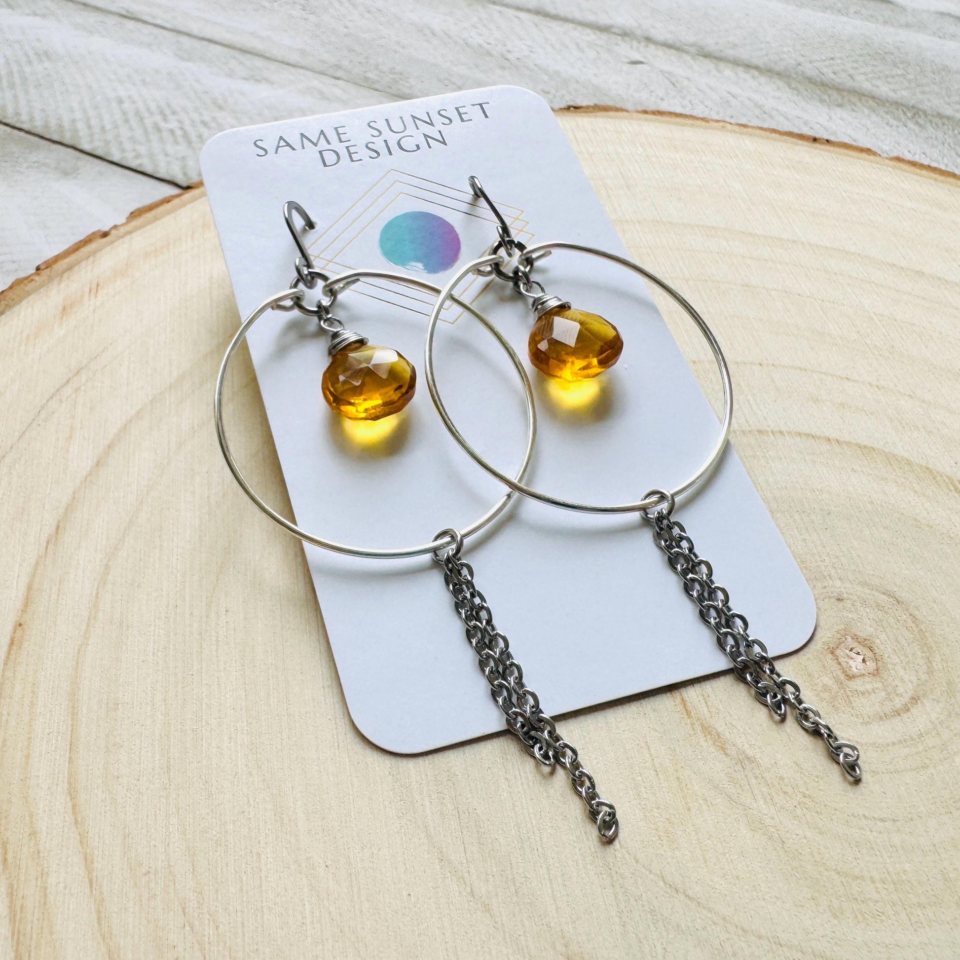 Citrine Earrings, Hoop Earrings Silver, Stainless Steel Earrings, Geometric Jewelry, Minimalistic Witchy Jewelry, Christmas Gifts for Aunt