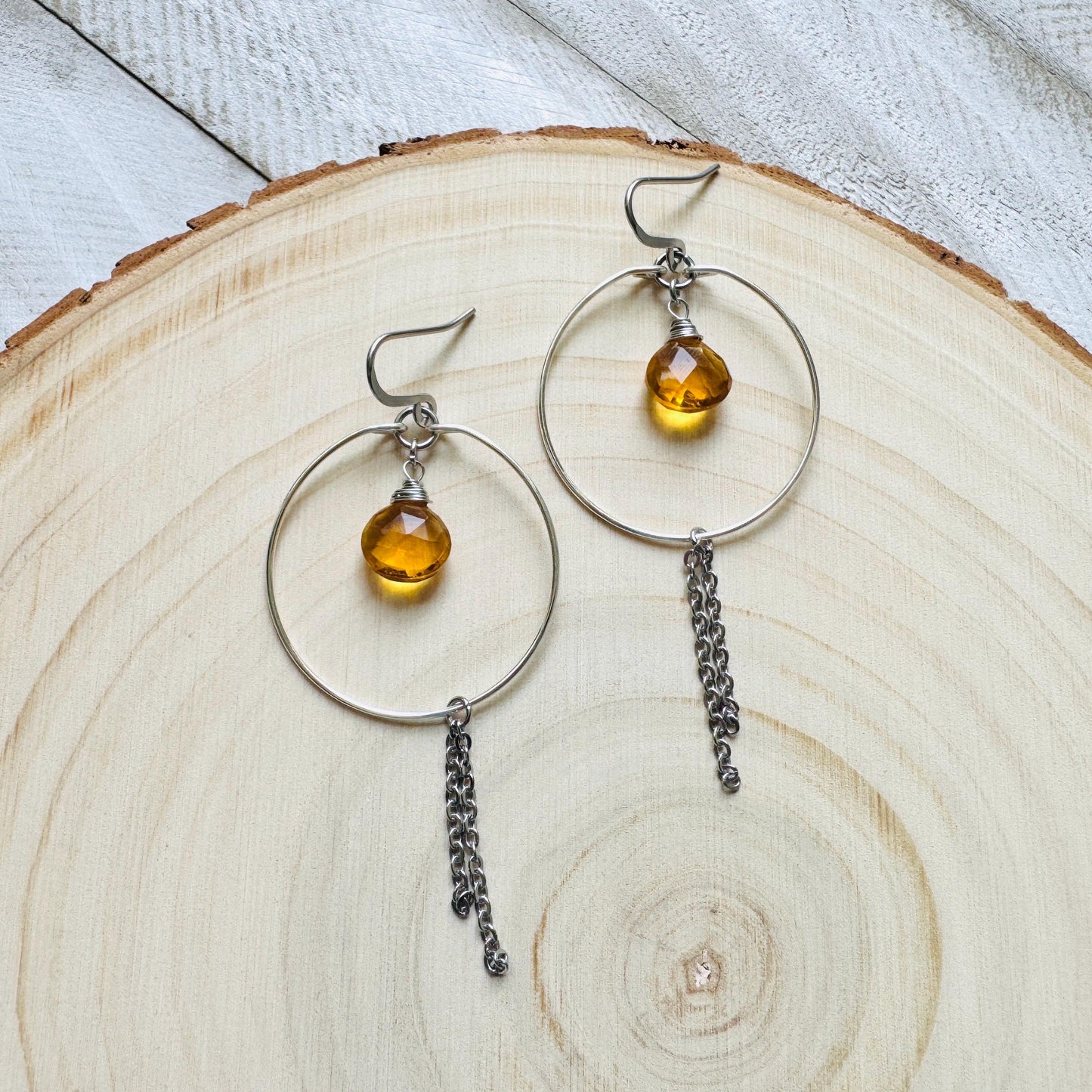 Citrine Earrings, Hoop Earrings Silver, Stainless Steel Earrings, Geometric Jewelry, Minimalistic Witchy Jewelry, Christmas Gifts for Aunt