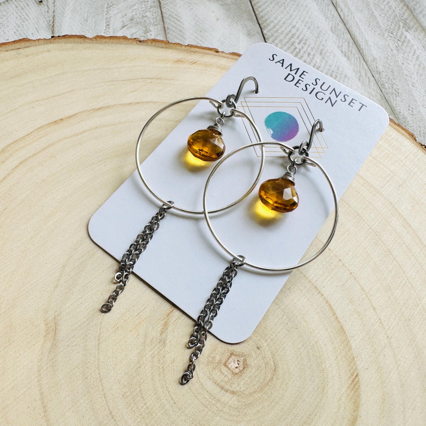 Citrine Earrings, Hoop Earrings Silver, Stainless Steel Earrings, Geometric Jewelry, Minimalistic Witchy Jewelry, Christmas Gifts for Aunt