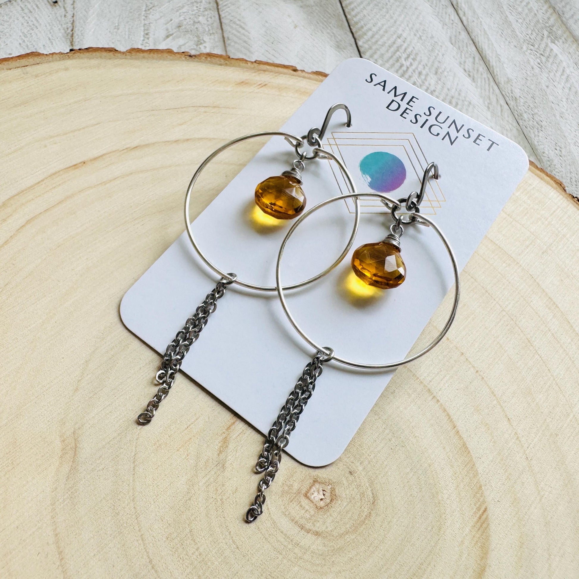 Citrine Earrings, Hoop Earrings Silver, Stainless Steel Earrings, Geometric Jewelry, Minimalistic Witchy Jewelry, Christmas Gifts for Aunt