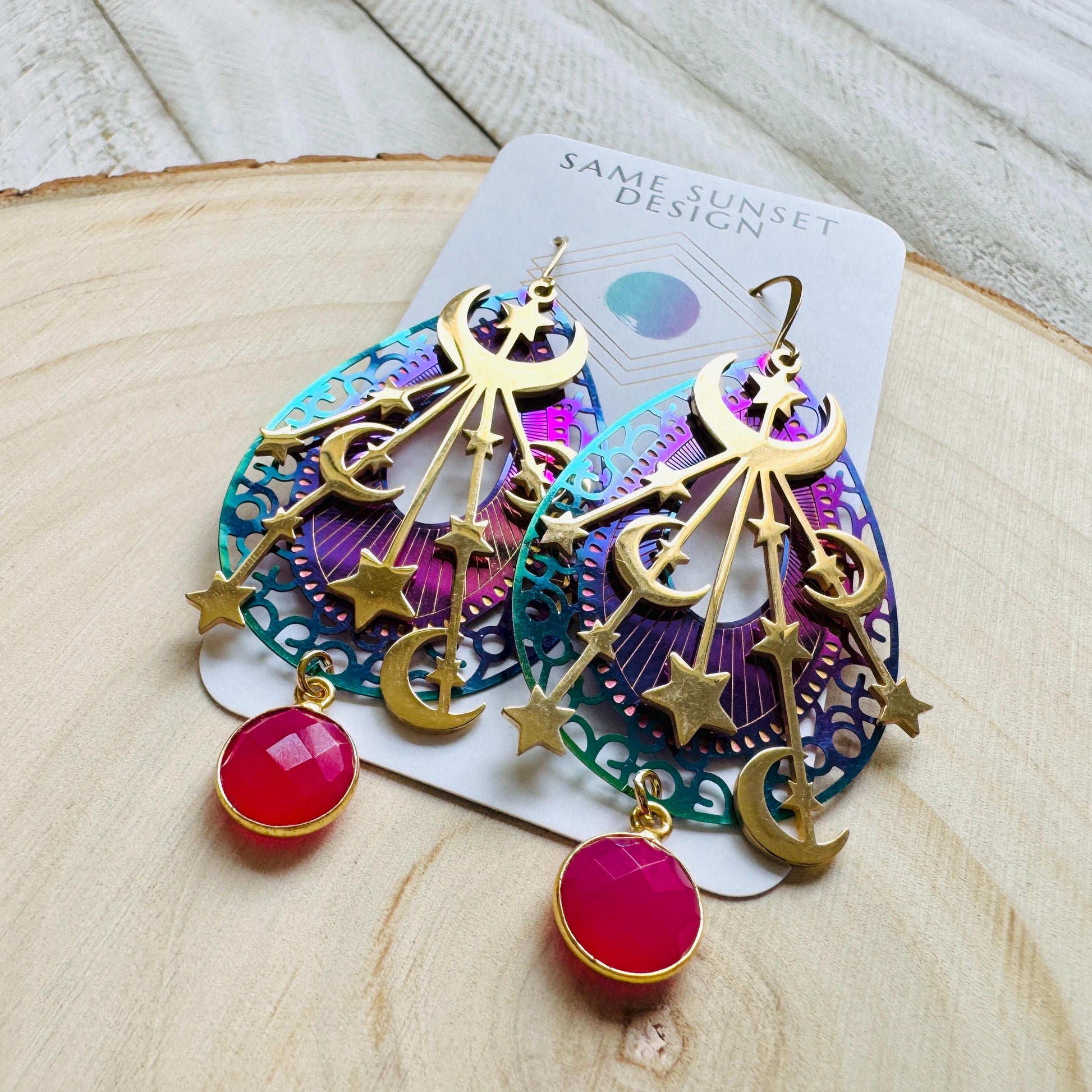 Pink Chalcedony Earrings, Celestial Earrings Gold, Moon Earrings Dangle, Fairycore Jewelry Gold, Whimsical Gifts, Xmas Gifts for Coworkers
