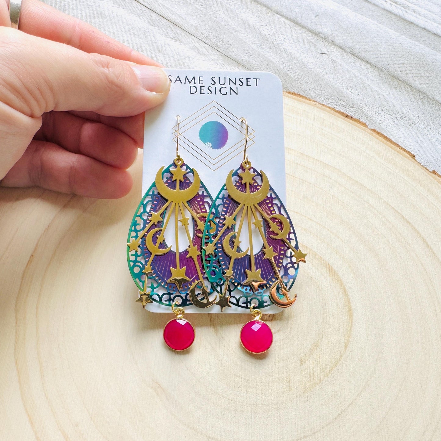 Pink Chalcedony Earrings, Celestial Earrings Gold, Moon Earrings Dangle, Fairycore Jewelry Gold, Whimsical Gifts, Xmas Gifts for Coworkers