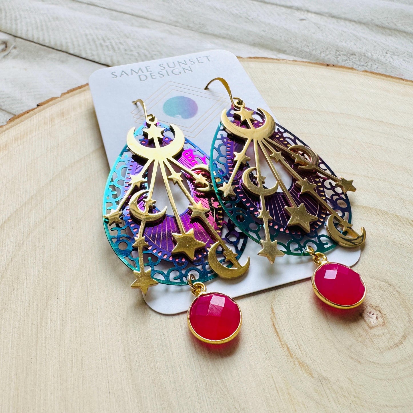 Pink Chalcedony Earrings, Celestial Earrings Gold, Moon Earrings Dangle, Fairycore Jewelry Gold, Whimsical Gifts, Xmas Gifts for Coworkers