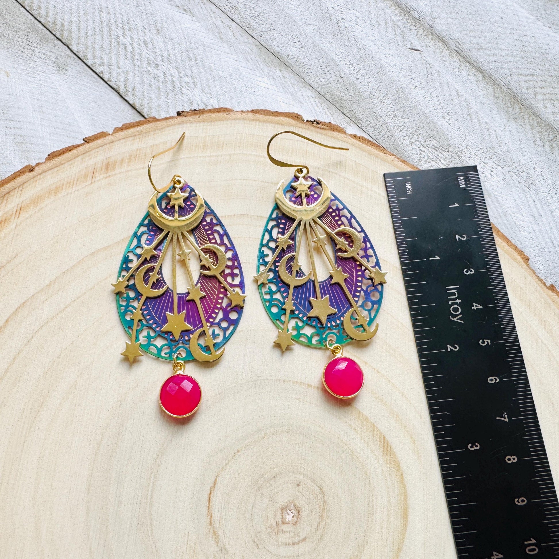 Pink Chalcedony Earrings, Celestial Earrings Gold, Moon Earrings Dangle, Fairycore Jewelry Gold, Whimsical Gifts, Xmas Gifts for Coworkers