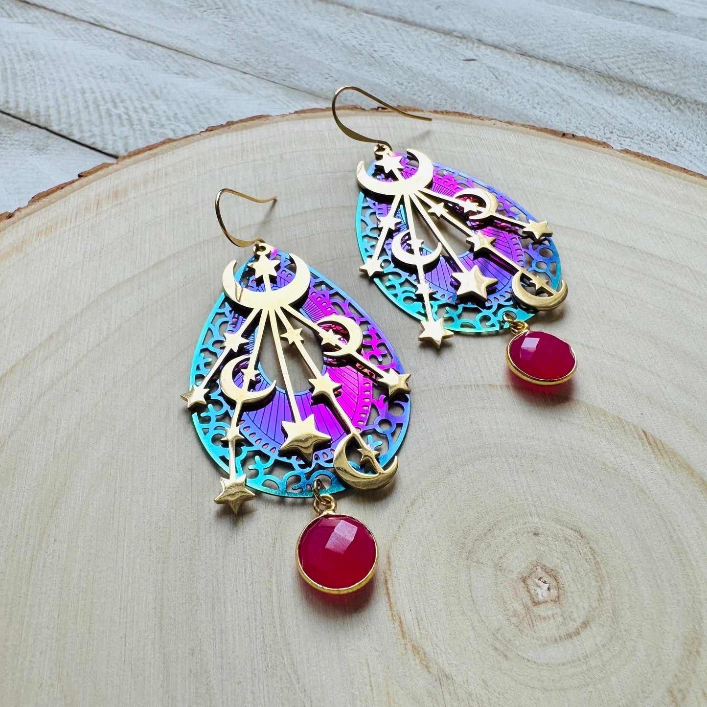 Pink Chalcedony Earrings, Celestial Earrings Gold, Moon Earrings Dangle, Fairycore Jewelry Gold, Whimsical Gifts, Xmas Gifts for Coworkers