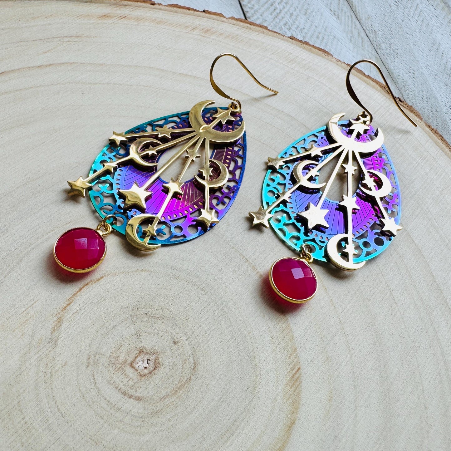 Pink Chalcedony Earrings, Celestial Earrings Gold, Moon Earrings Dangle, Fairycore Jewelry Gold, Whimsical Gifts, Xmas Gifts for Coworkers