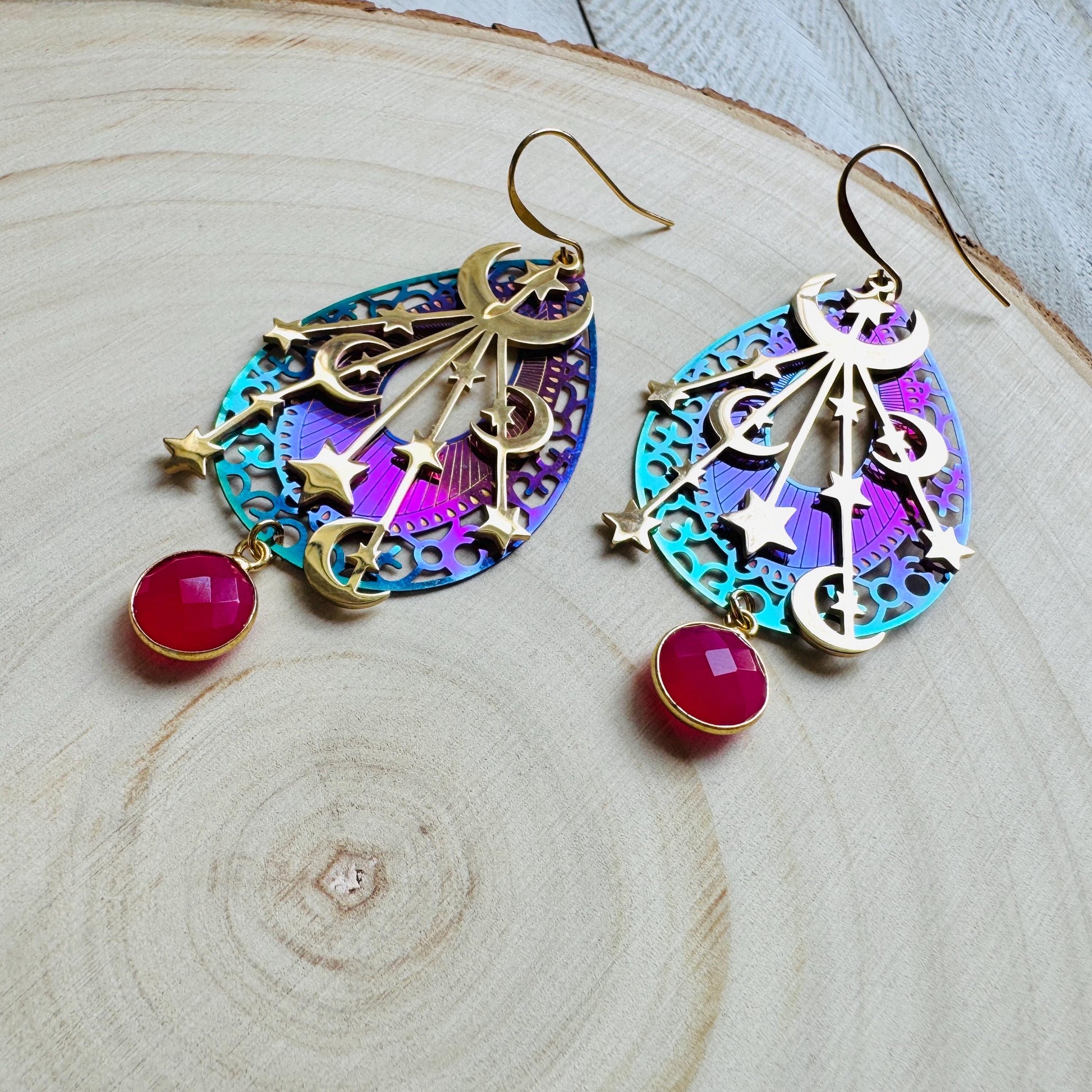 Pink Chalcedony Earrings, Celestial Earrings Gold, Moon Earrings Dangle, Fairycore Jewelry Gold, Whimsical Gifts, Xmas Gifts for Coworkers