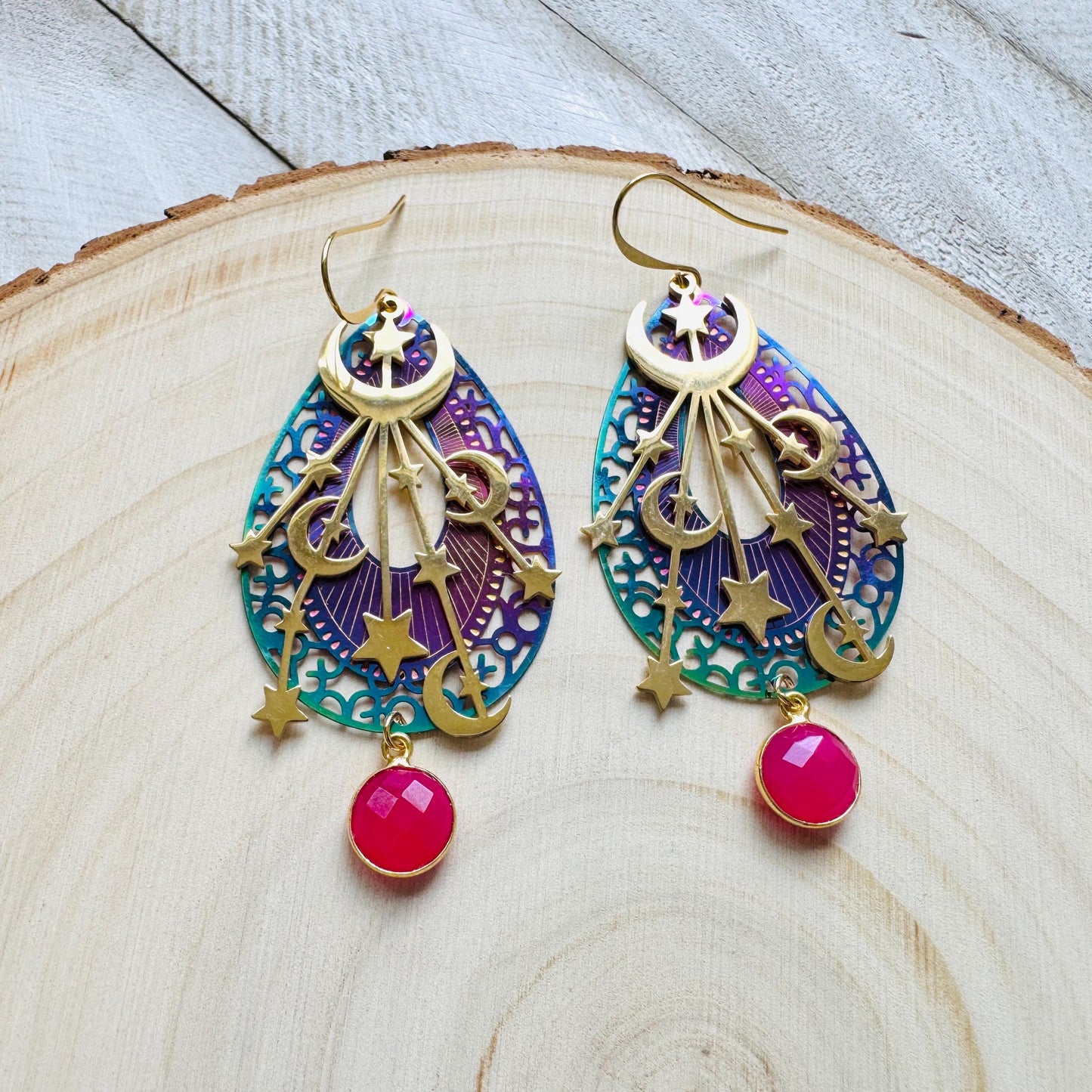 Pink Chalcedony Earrings, Celestial Earrings Gold, Moon Earrings Dangle, Fairycore Jewelry Gold, Whimsical Gifts, Xmas Gifts for Coworkers