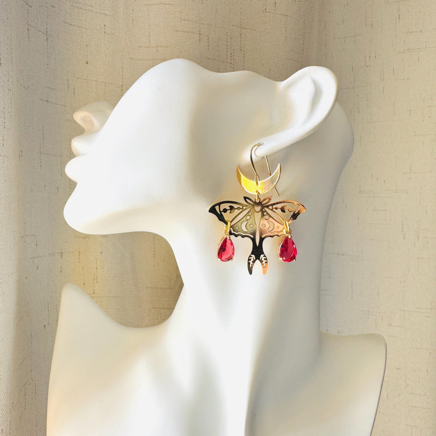 Moth Earrings, Witchy Earrings, Red Earrings, Celestial Earrings Gold, Fun Earrings, Fairycore Jewelry Gold, Christmas Gifts for Aunt
