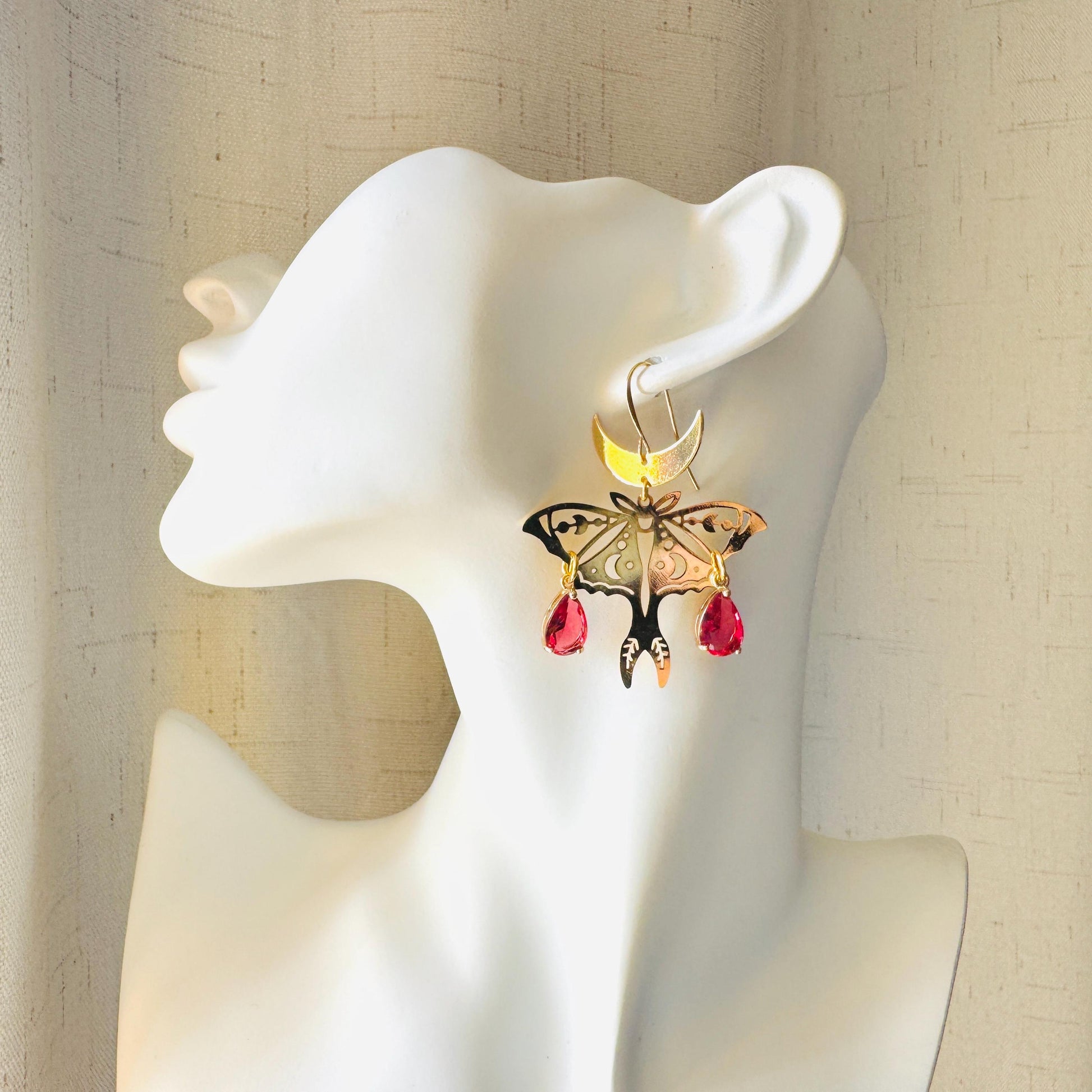 Moth Earrings, Witchy Earrings, Red Earrings, Celestial Earrings Gold, Fun Earrings, Fairycore Jewelry Gold, Christmas Gifts for Aunt