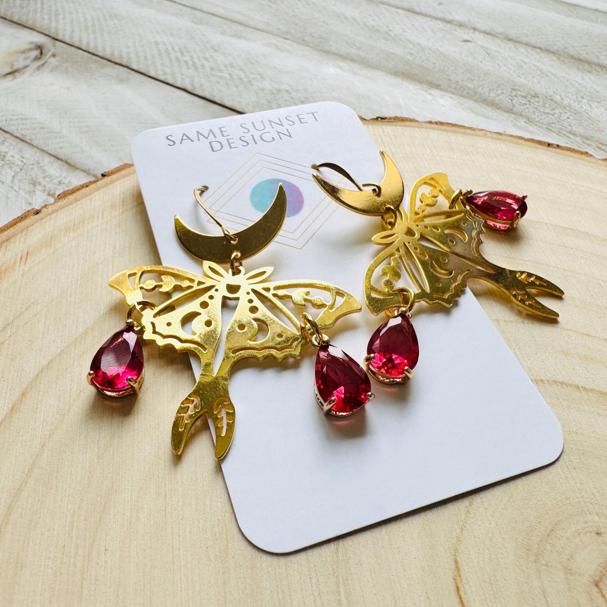 Moth Earrings, Witchy Earrings, Red Earrings, Celestial Earrings Gold, Fun Earrings, Fairycore Jewelry Gold, Christmas Gifts for Aunt