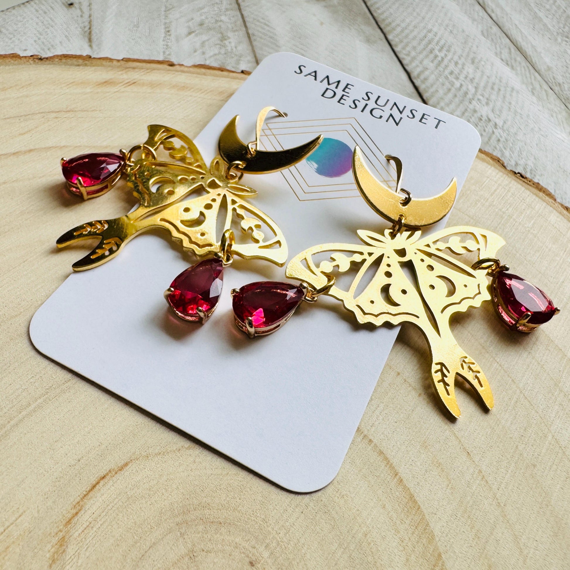 Moth Earrings, Witchy Earrings, Red Earrings, Celestial Earrings Gold, Fun Earrings, Fairycore Jewelry Gold, Christmas Gifts for Aunt