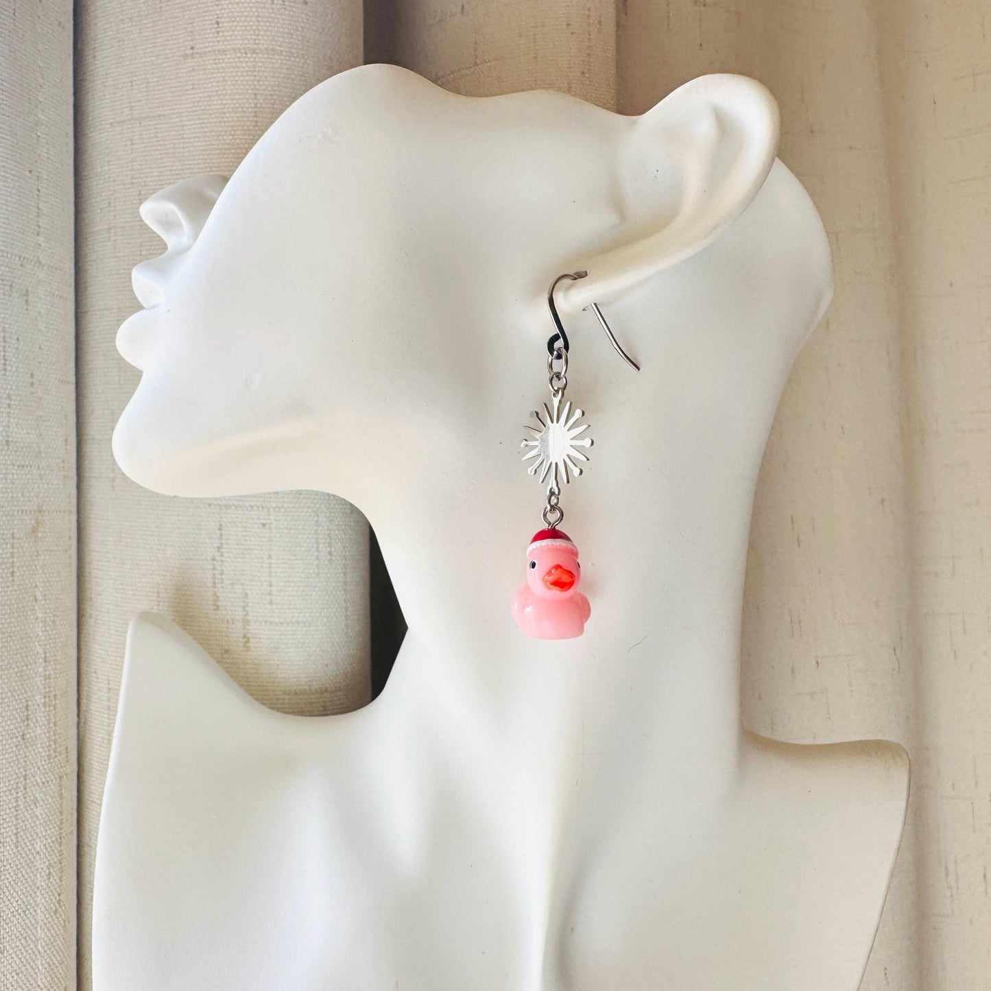 Duck Earrings, Pink Earrings, Holiday Earrings Dangle, Whimsigoth Earrings, Silver, Wanderlust Jewelry, Best Christmas Gifts for Women