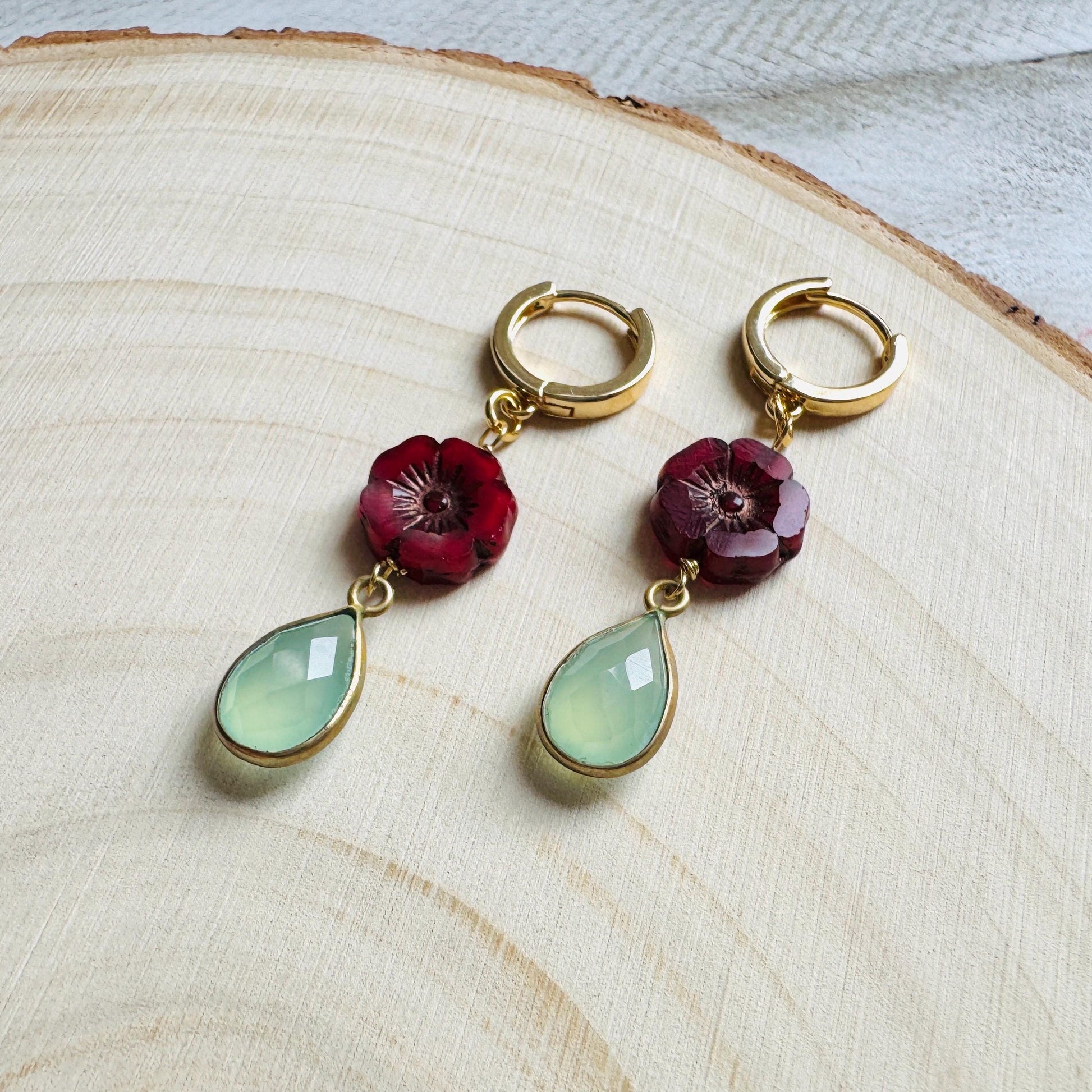 Glass Flower Earrings, Aqua Chalcedony Earrings, Huggie Hoops, Cottagecore Jewelry, Best Christmas Gifts for Women, Plant Mom Gift, Boho