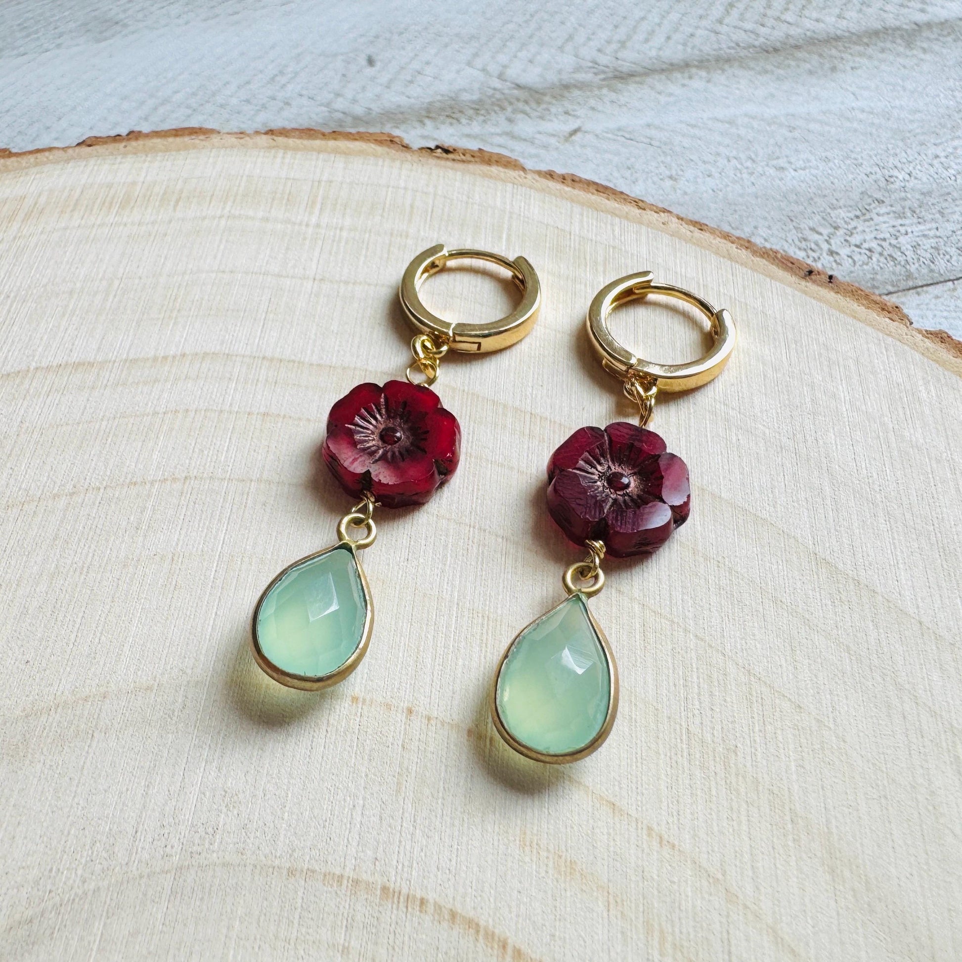 Glass Flower Earrings, Aqua Chalcedony Earrings, Huggie Hoops, Cottagecore Jewelry, Best Christmas Gifts for Women, Plant Mom Gift, Boho