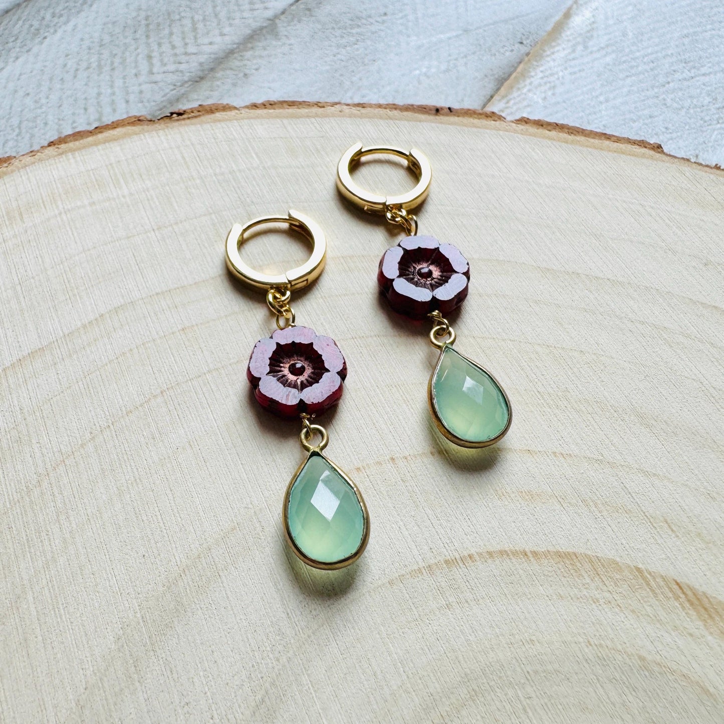 Glass Flower Earrings, Aqua Chalcedony Earrings, Huggie Hoops, Cottagecore Jewelry, Best Christmas Gifts for Women, Plant Mom Gift, Boho