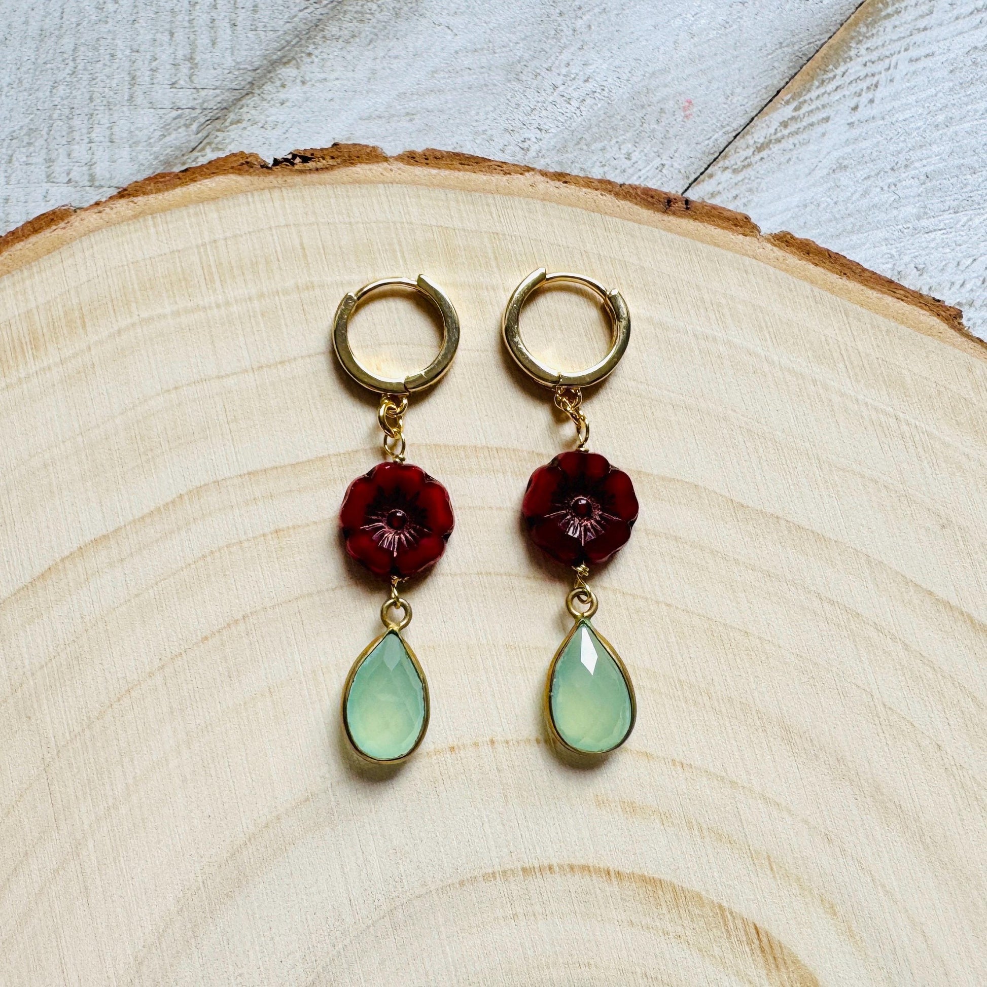 Glass Flower Earrings, Aqua Chalcedony Earrings, Huggie Hoops, Cottagecore Jewelry, Best Christmas Gifts for Women, Plant Mom Gift, Boho