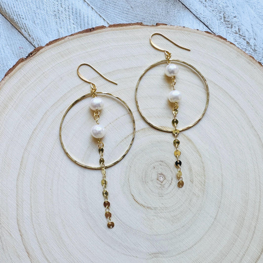 Pearl Earrings, Geometric Jewelry, Pearl Hoops, Beach Lover Jewelry, Best Gift for Mom, Boho Earrings for Wedding, Teen Girl Gifts