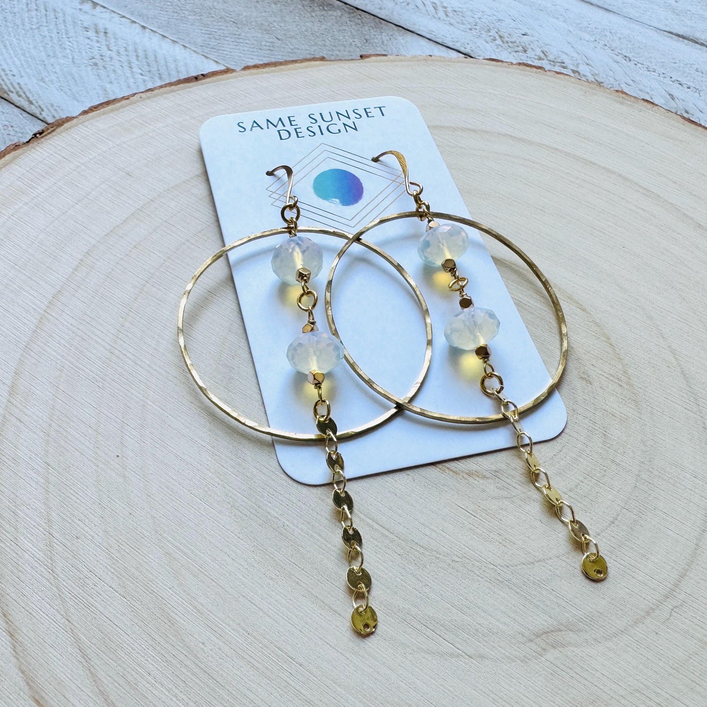 Opalite Earrings, Geometric Jewelry, Brass Hoops, Brass Dangle Earrings, Boho Chic, Gold Hoop Earrings for Women, Christmas Gifts for Aunt