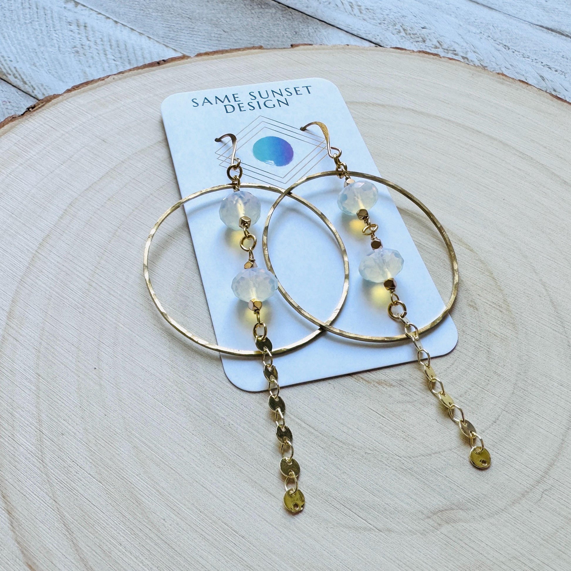 Opalite Earrings, Geometric Jewelry, Brass Hoops, Brass Dangle Earrings, Boho Chic, Gold Hoop Earrings for Women, Christmas Gifts for Aunt