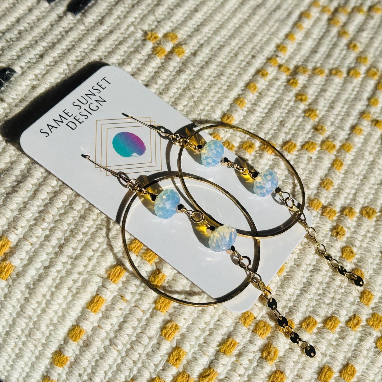 Opalite Earrings, Geometric Jewelry, Brass Hoops, Brass Dangle Earrings, Boho Chic, Gold Hoop Earrings for Women, Christmas Gifts for Aunt
