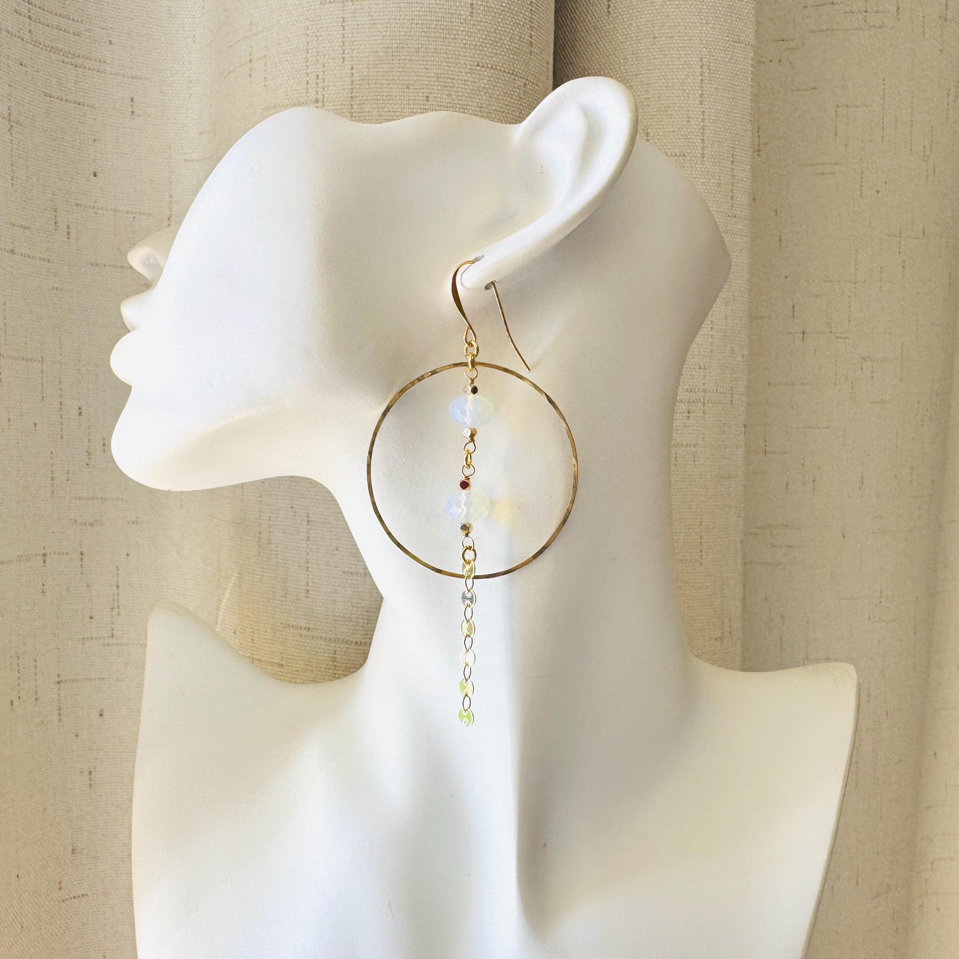 Opalite Earrings, Geometric Jewelry, Brass Hoops, Brass Dangle Earrings, Boho Chic, Gold Hoop Earrings for Women, Christmas Gifts for Aunt